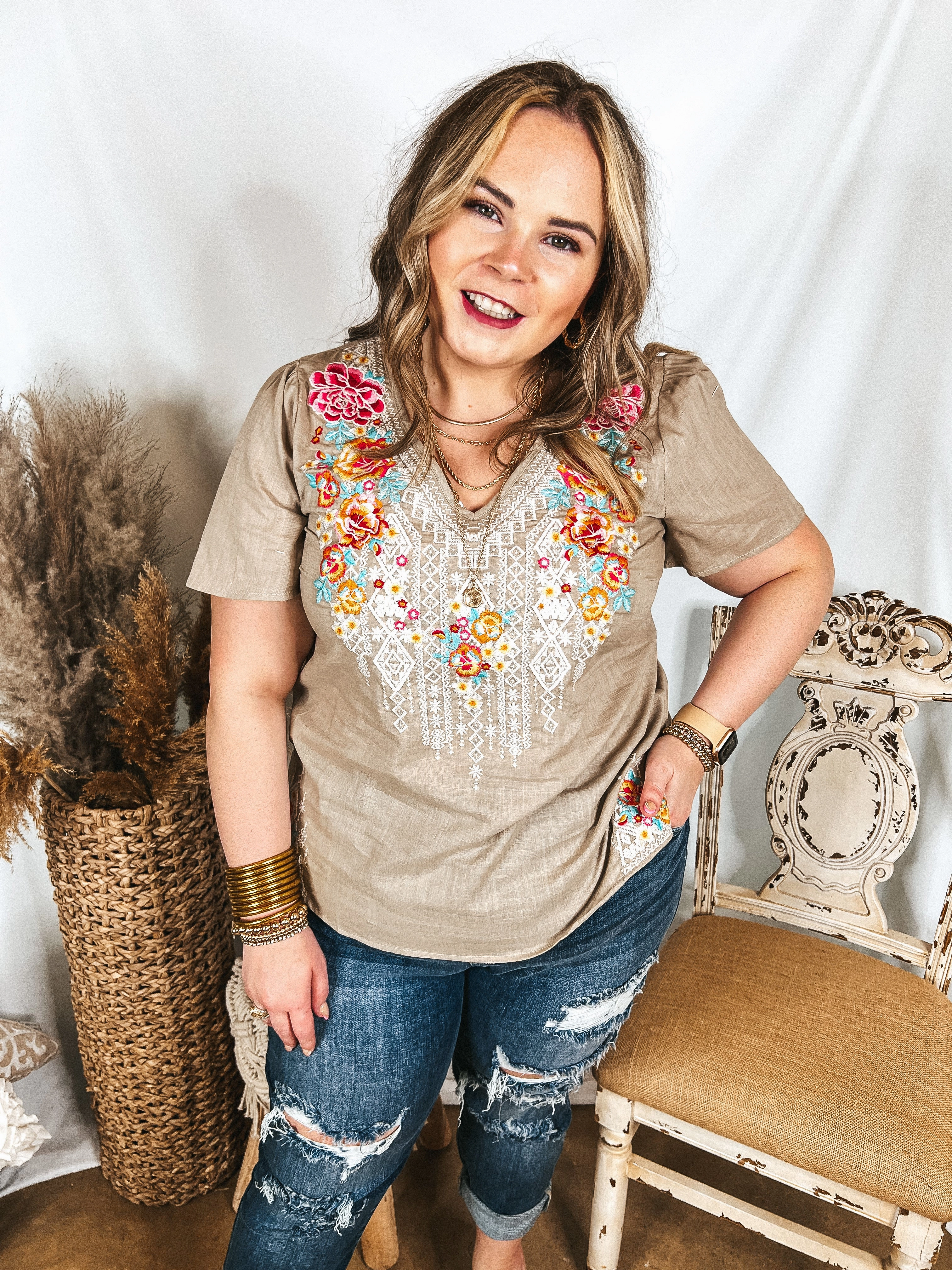 TaglessComfort Telling The Truth V Neck Embroidered Top in Biege