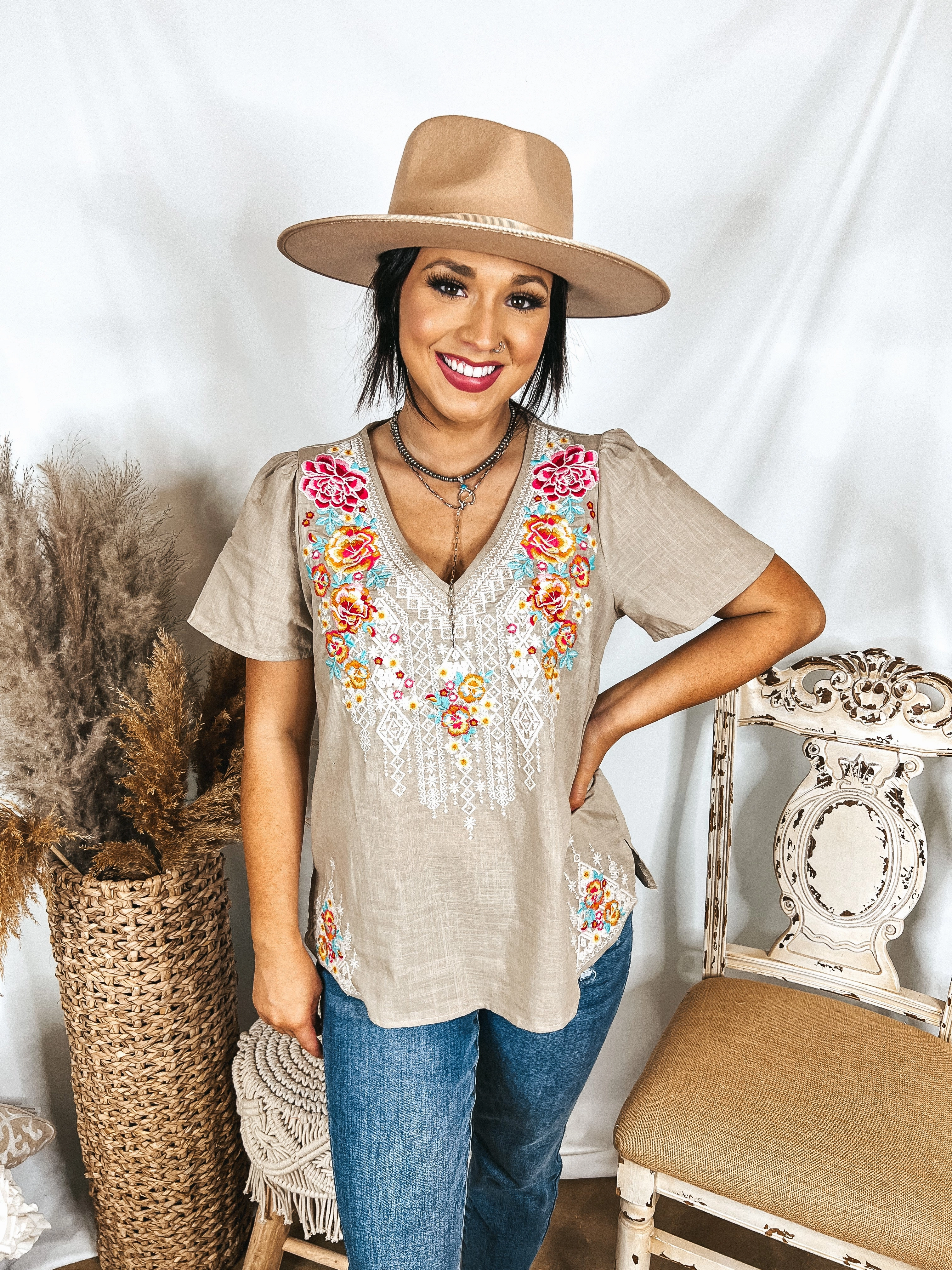 Telling The Truth V Neck Embroidered Top in Biege Durable Reinforced Hem Sweat Absorbing Lining