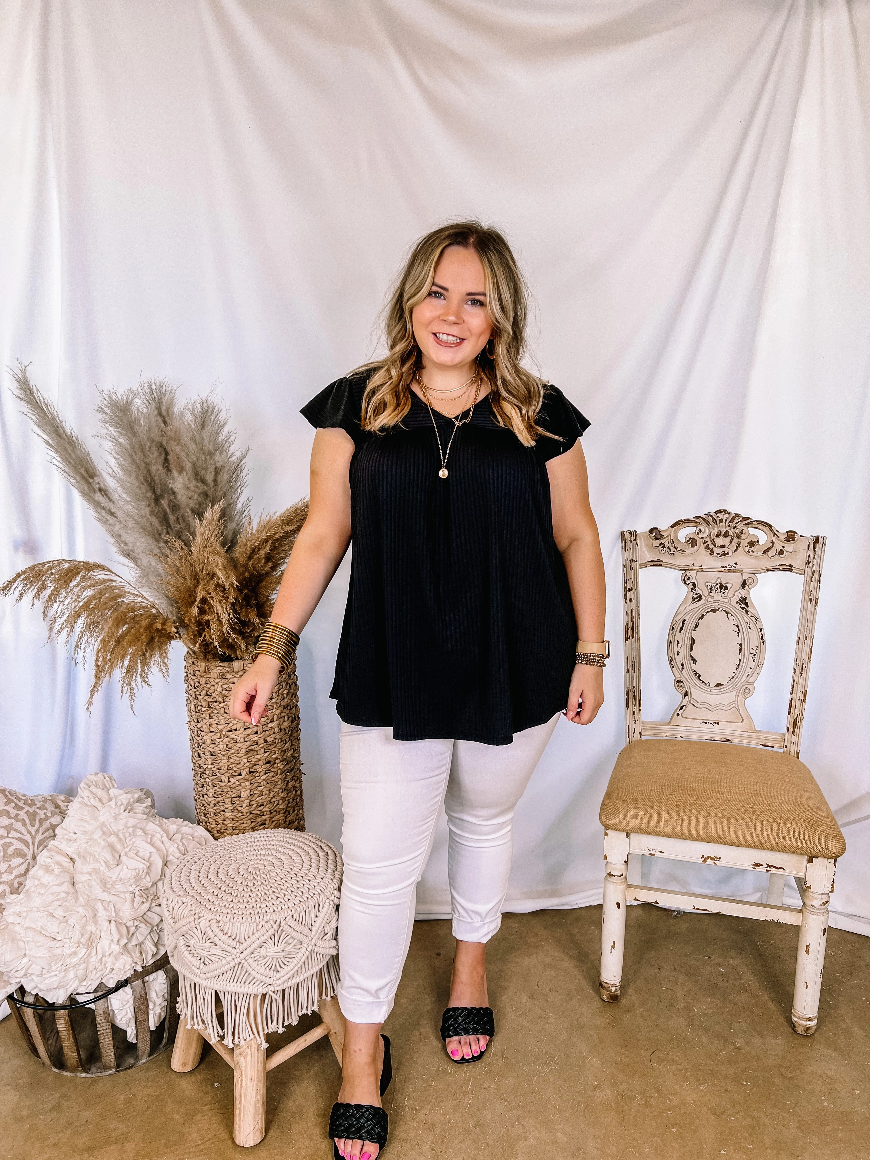 WaterRepellentCoating Ergonomic Pattern No Bad Days Ribbed Ruffle Cap Sleeve Babydoll Top in Black