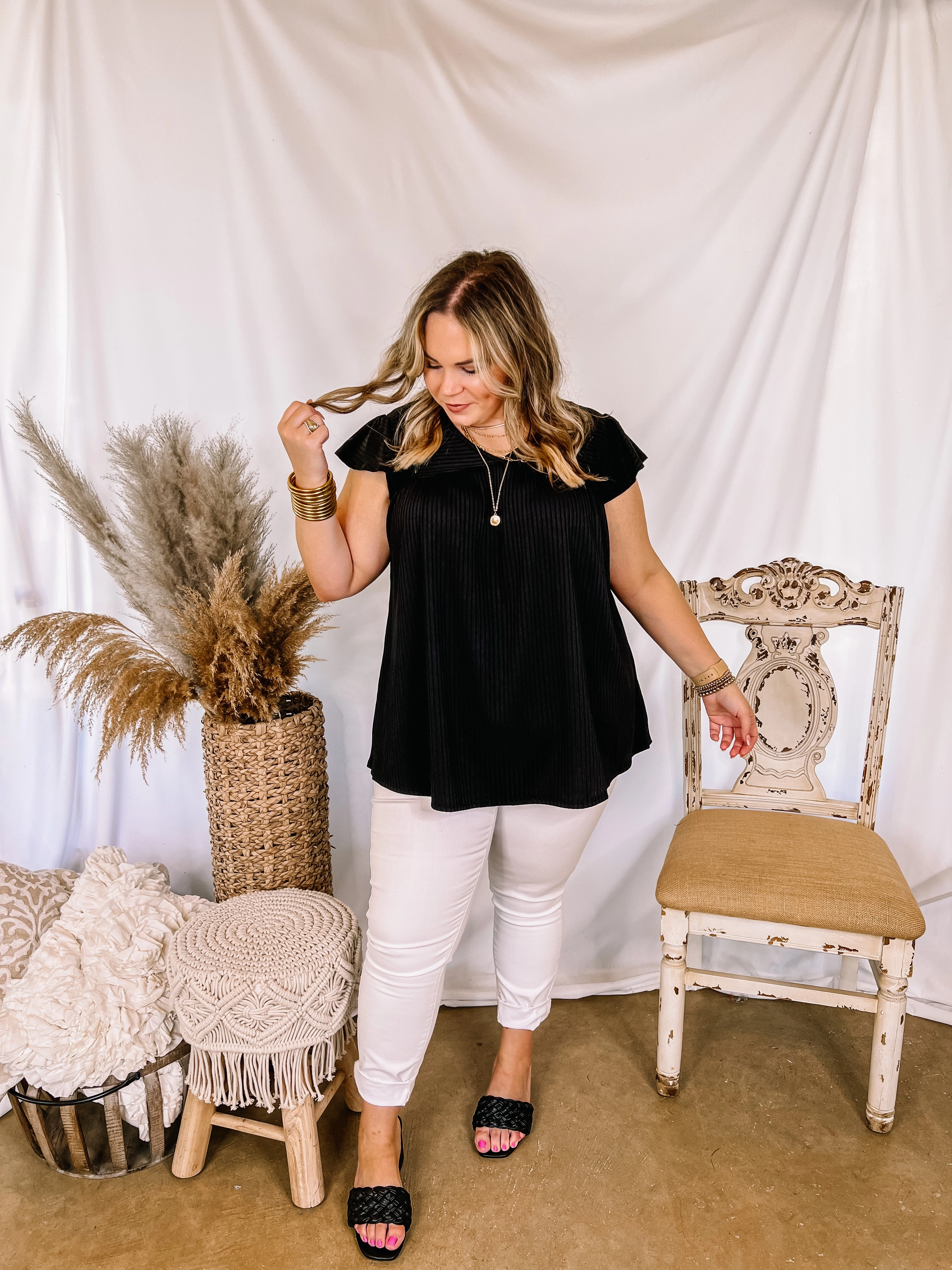 No Bad Days Ribbed Ruffle Cap Sleeve Babydoll Top in Black WindResistantWeave