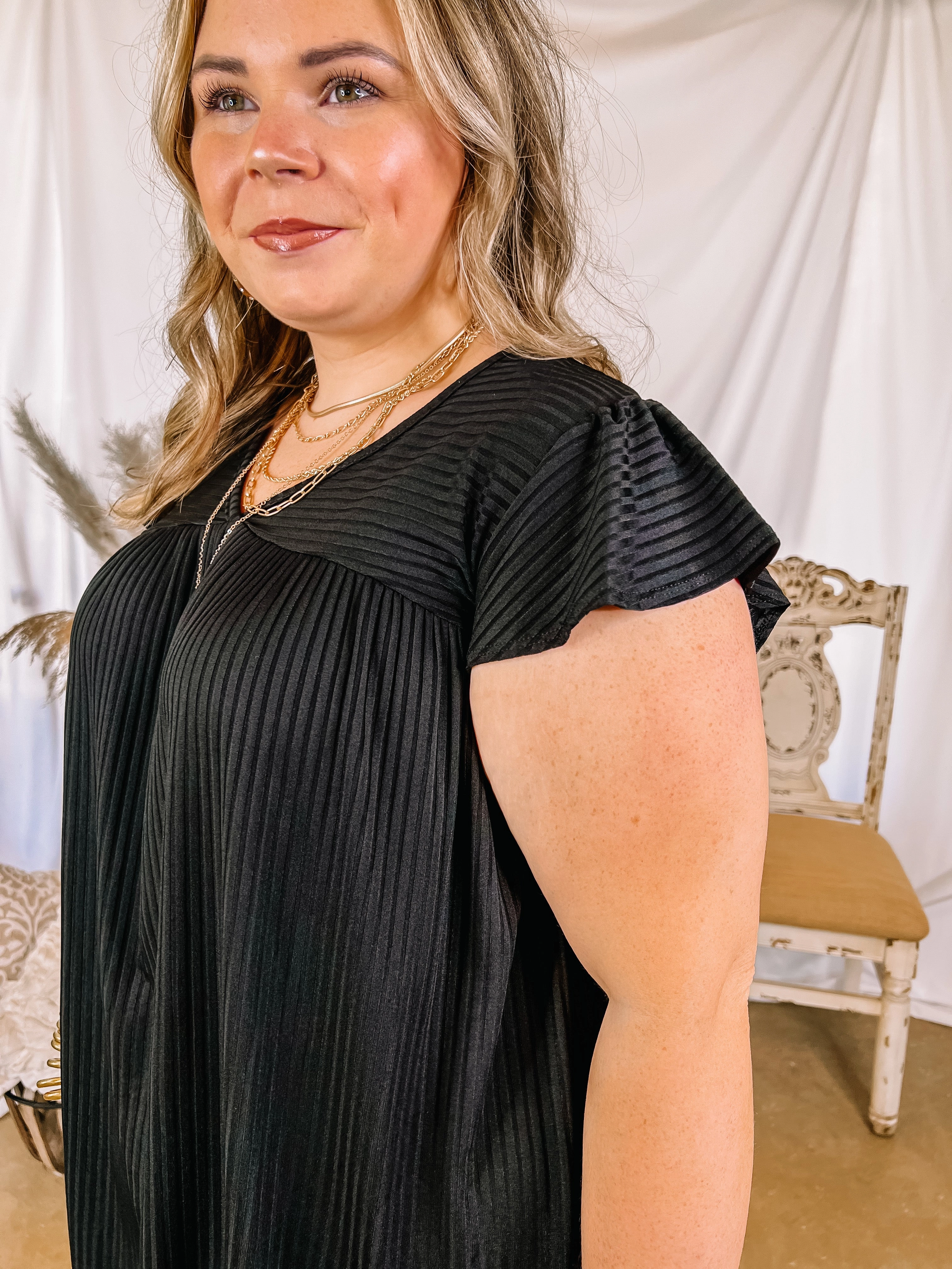 Fashion Accessory Reflective details No Bad Days Ribbed Ruffle Cap Sleeve Babydoll Top in Black