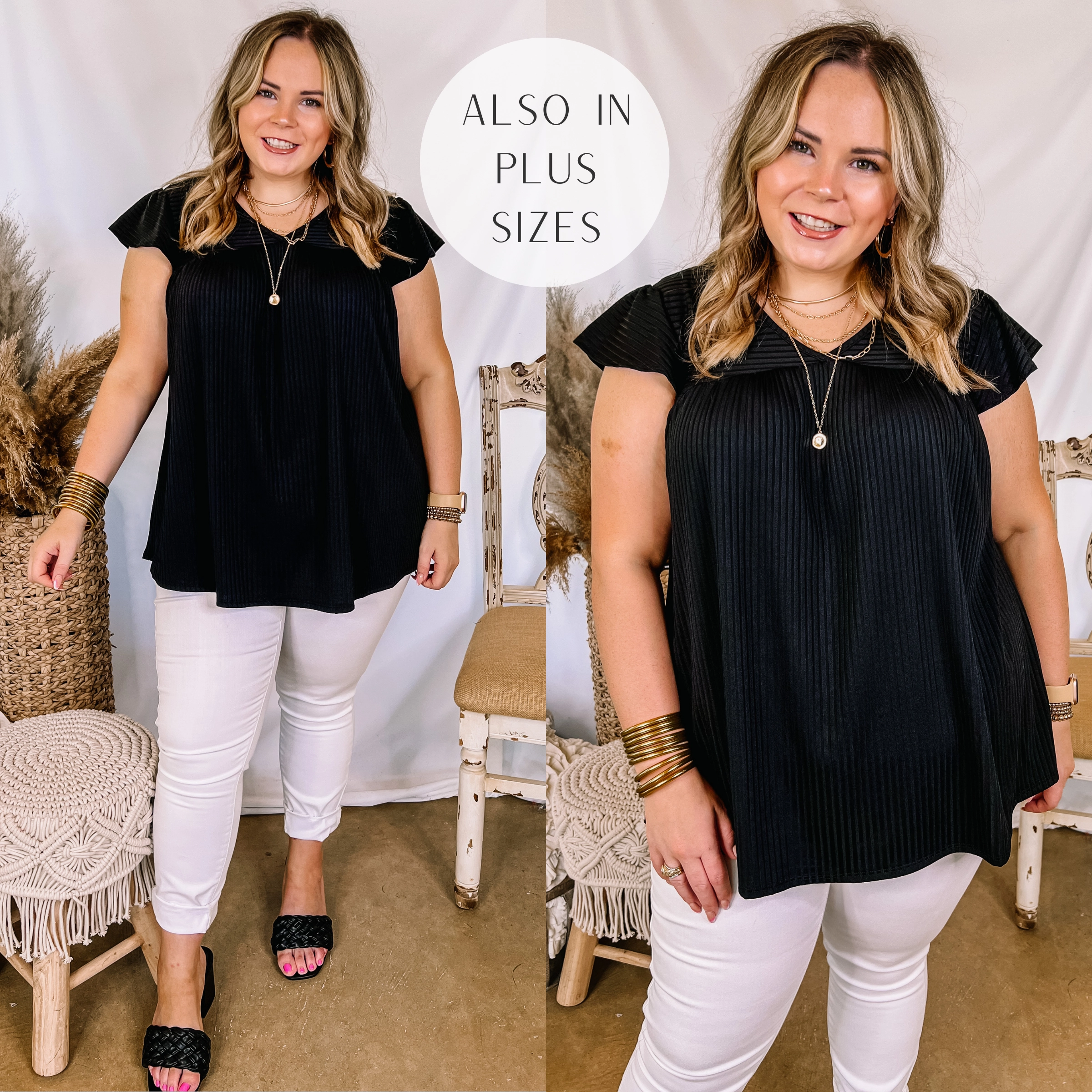 No Bad Days Ribbed Ruffle Cap Sleeve Babydoll Top in Black Match Fit