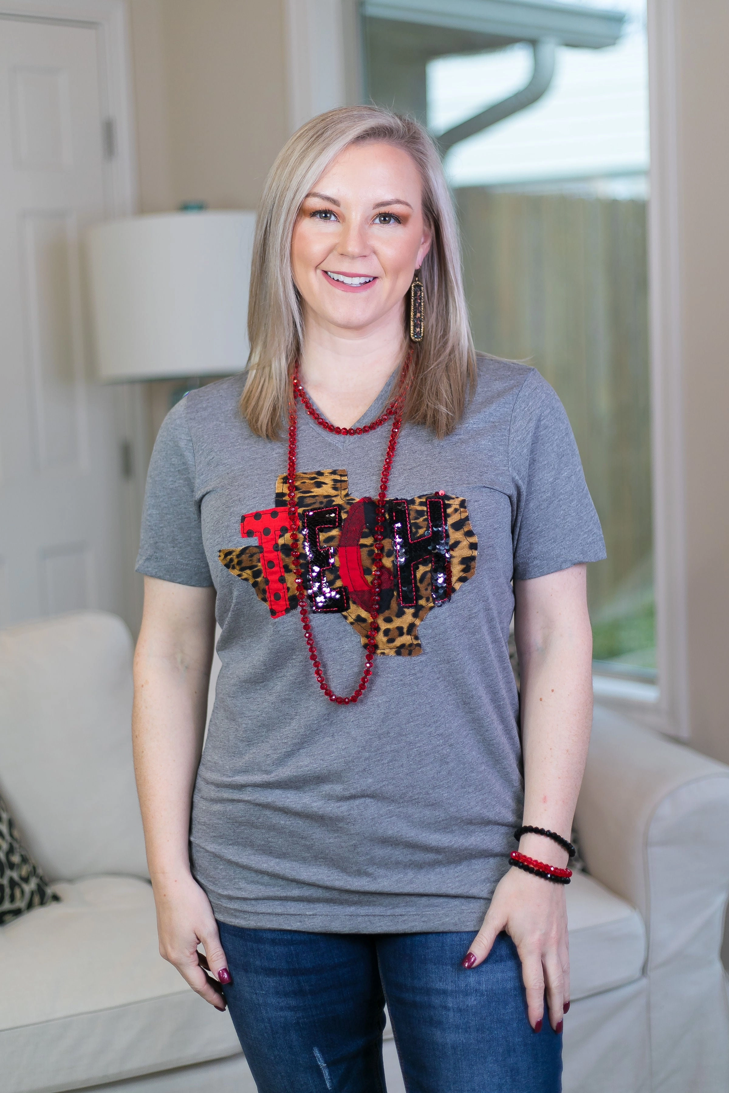 Quick Dry Blend Last Chance Size Small & 3XL | Texas Tech Short Sleeve Tee with Hand Sewn Letters in Heather Grey