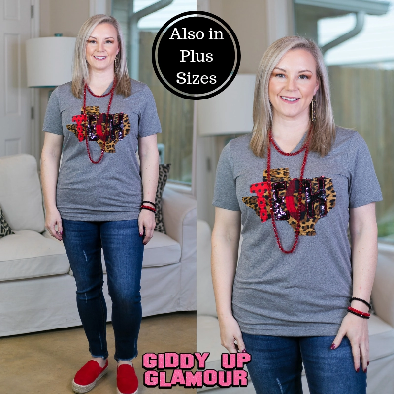 Last Chance Size Small & 3XL | Texas Tech Short Sleeve Tee with Hand Sewn Letters in Heather Grey Tear Resistant Reinforcement Recycled Polyester