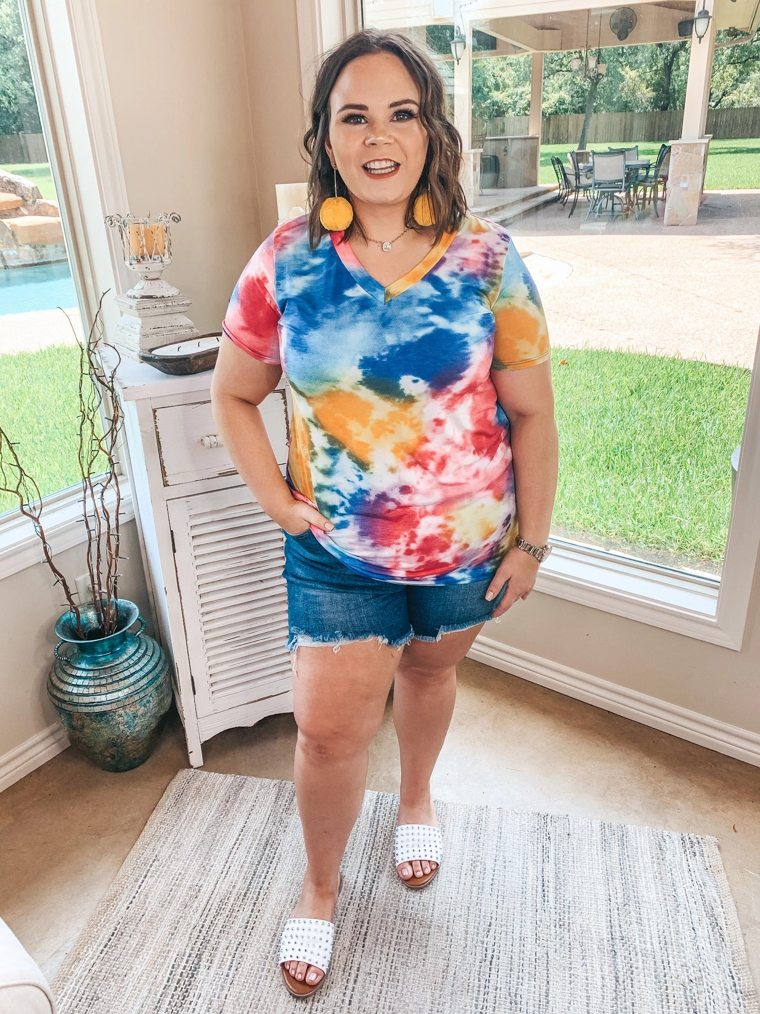 DurableThreadwork Last Chance Size Small & Medium | Keep Things Simple Tie Dye Print V Neck Tee in Pink, Yellow and Blue