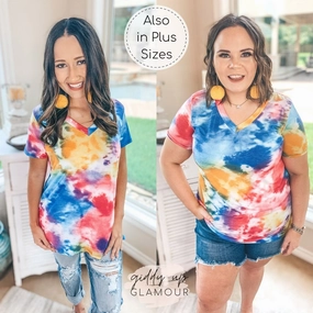 Last Chance Size Small & Medium | Keep Things Simple Tie Dye Print V Neck Tee in Pink, Yellow and Blue AdaptiveFit Fashionable Vest