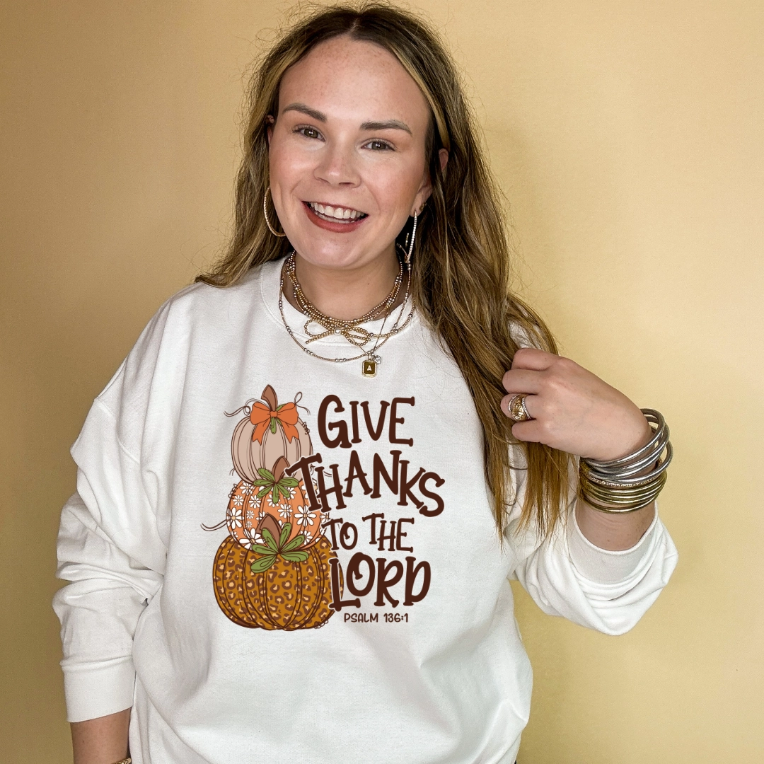 Breathable Comfort Fit Online Exclusive | Give Thanks to the Lord Stacked Autumn Pumpkins with Bow Graphic Sweatshirt in Multiple Color Options