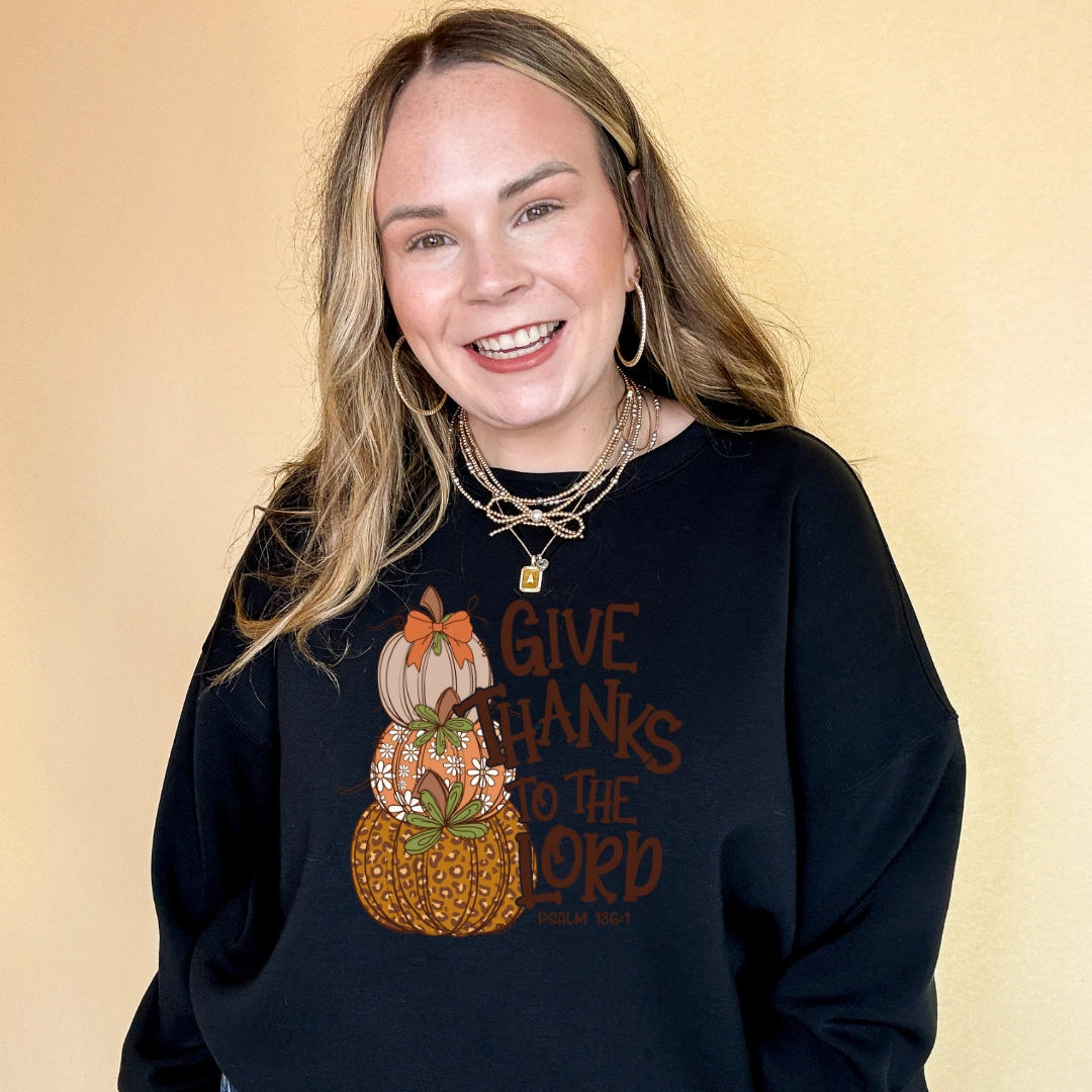 Effortless Look Online Exclusive | Give Thanks to the Lord Stacked Autumn Pumpkins with Bow Graphic Sweatshirt in Multiple Color Options