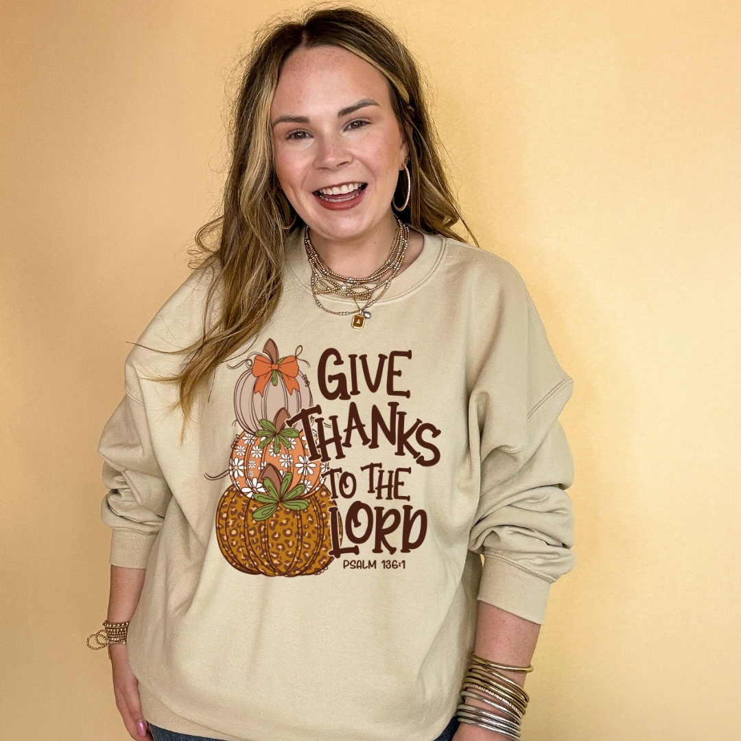 Online Exclusive | Give Thanks to the Lord Stacked Autumn Pumpkins with Bow Graphic Sweatshirt in Multiple Color Options Flexible Fit