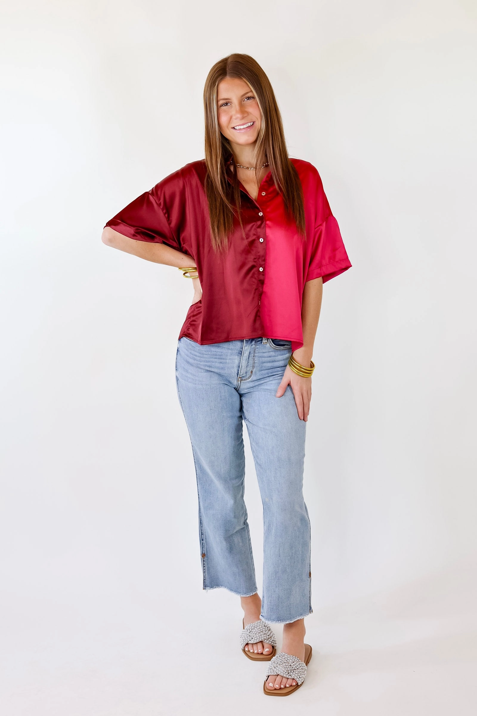 Meant To Be Happy Button Up Color Block Satin Top in Fuchsia Mix Comfortable Sweater