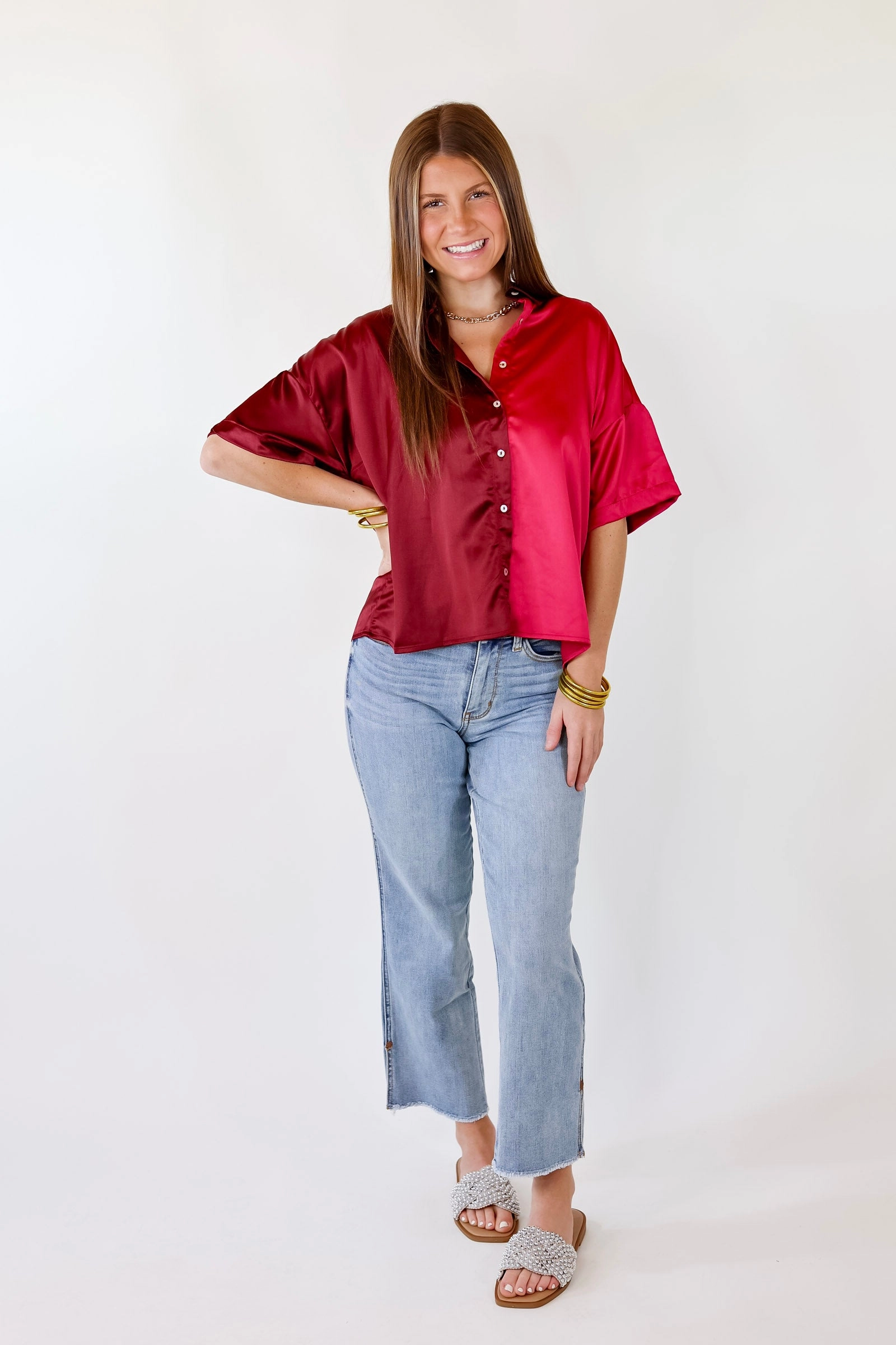 Meant To Be Happy Button Up Color Block Satin Top in Fuchsia Mix Outdoor Apparel