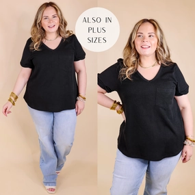 4Way Stretch Only True Love Ribbed Short Sleeve Top with Front Pocket in Black
