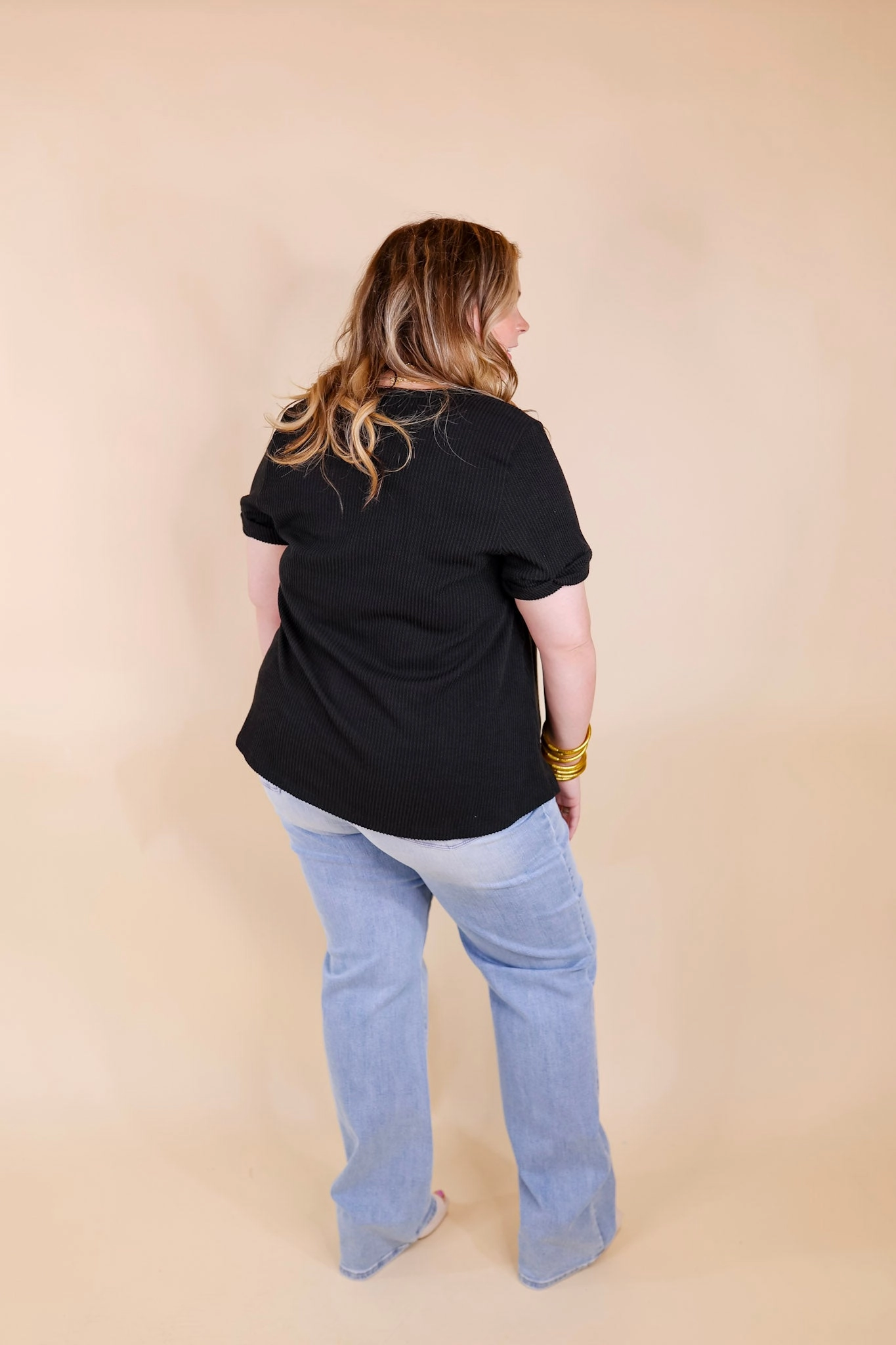Only True Love Ribbed Short Sleeve Top with Front Pocket in Black Boss Vibe Eco-Friendly Material