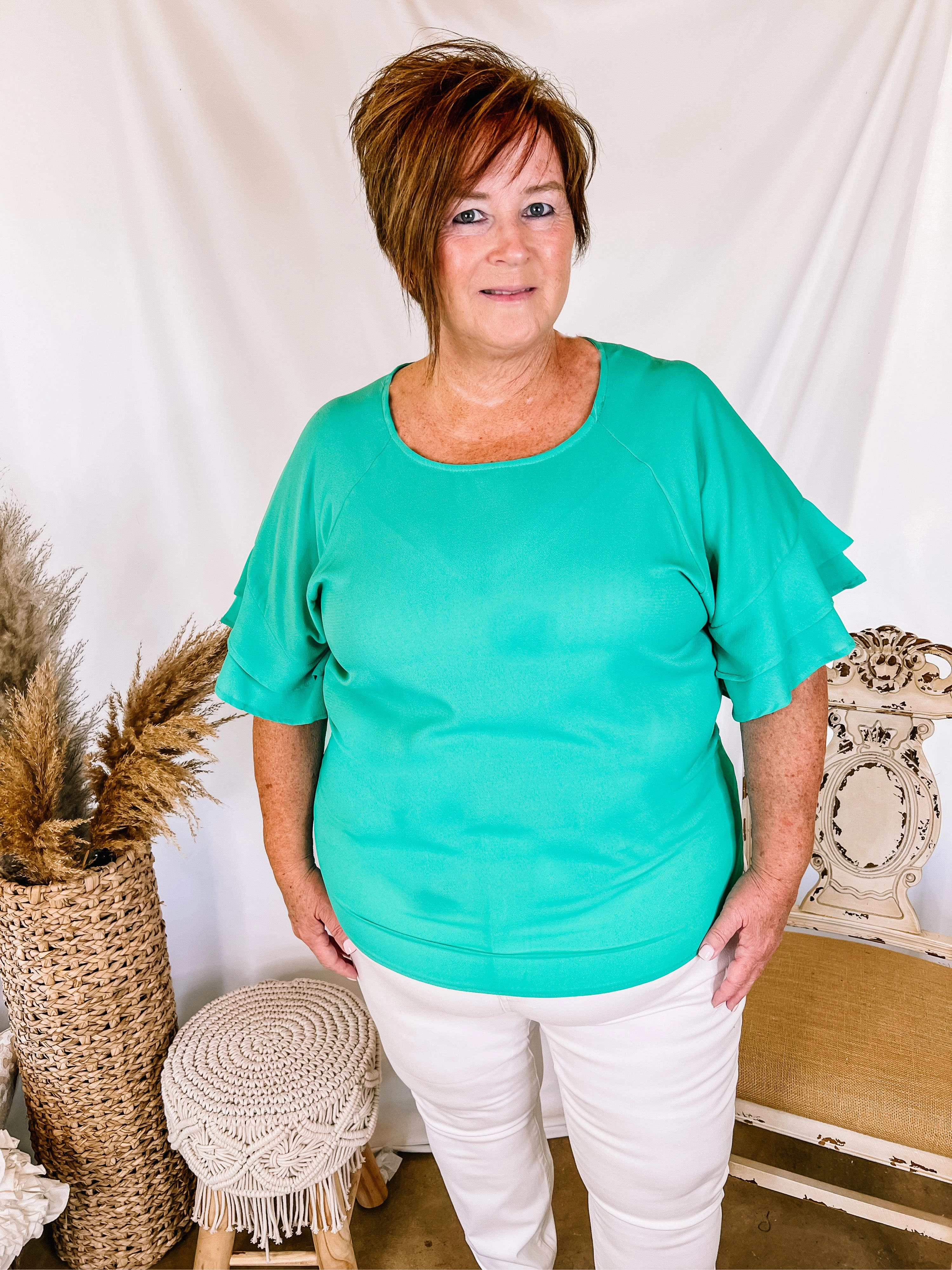 Basic Needs Ruffle Sleeve Top in Mint Green Soft Touch Smart Design