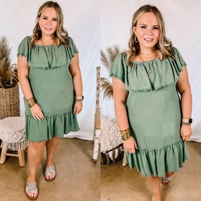Finding Yourself  Frayed Hem Off the Shoulder Dress in Light Olive Green AdjustableStraps Picnic Fun
