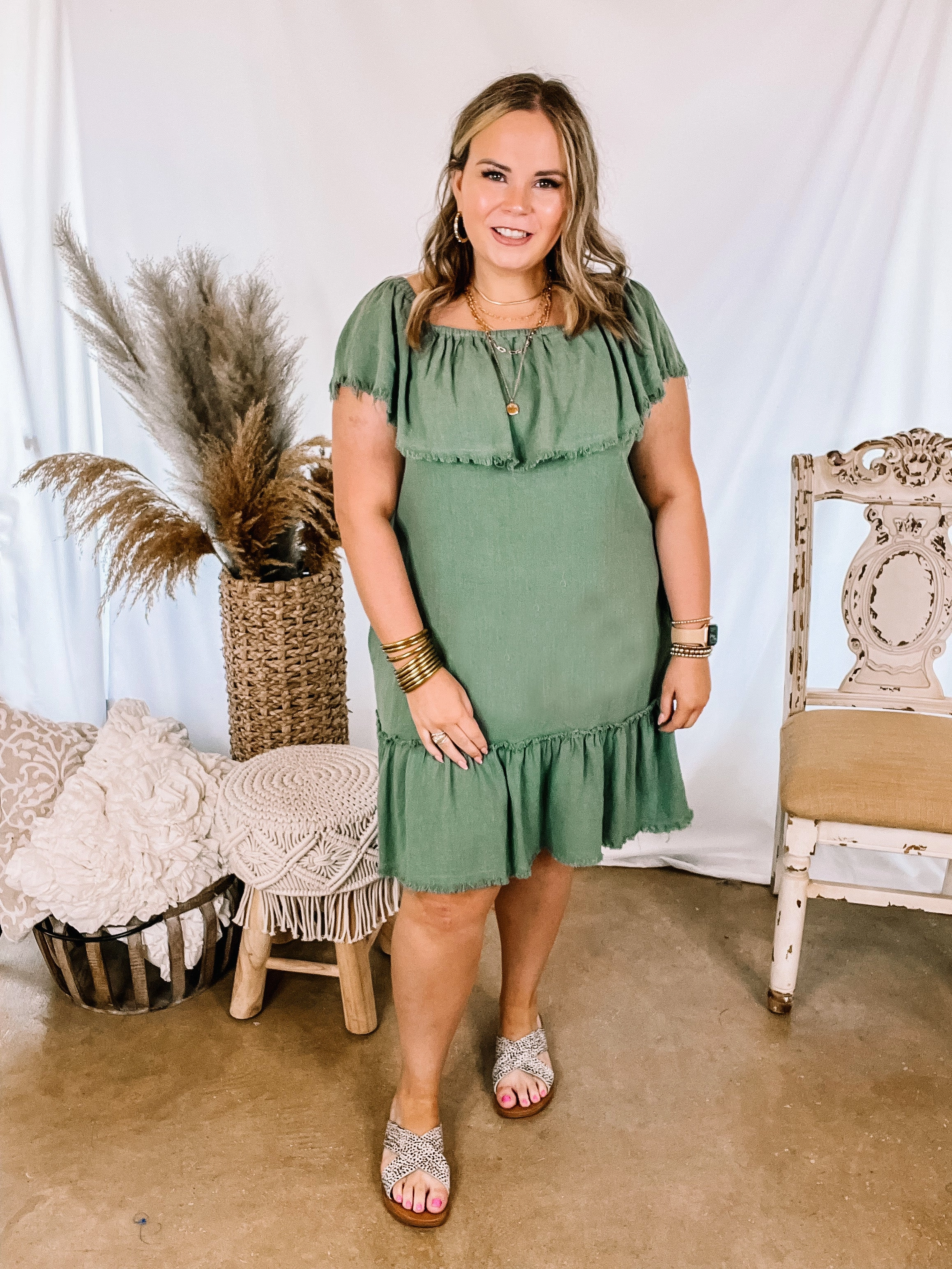 Soft Motion Finding Yourself  Frayed Hem Off the Shoulder Dress in Light Olive Green