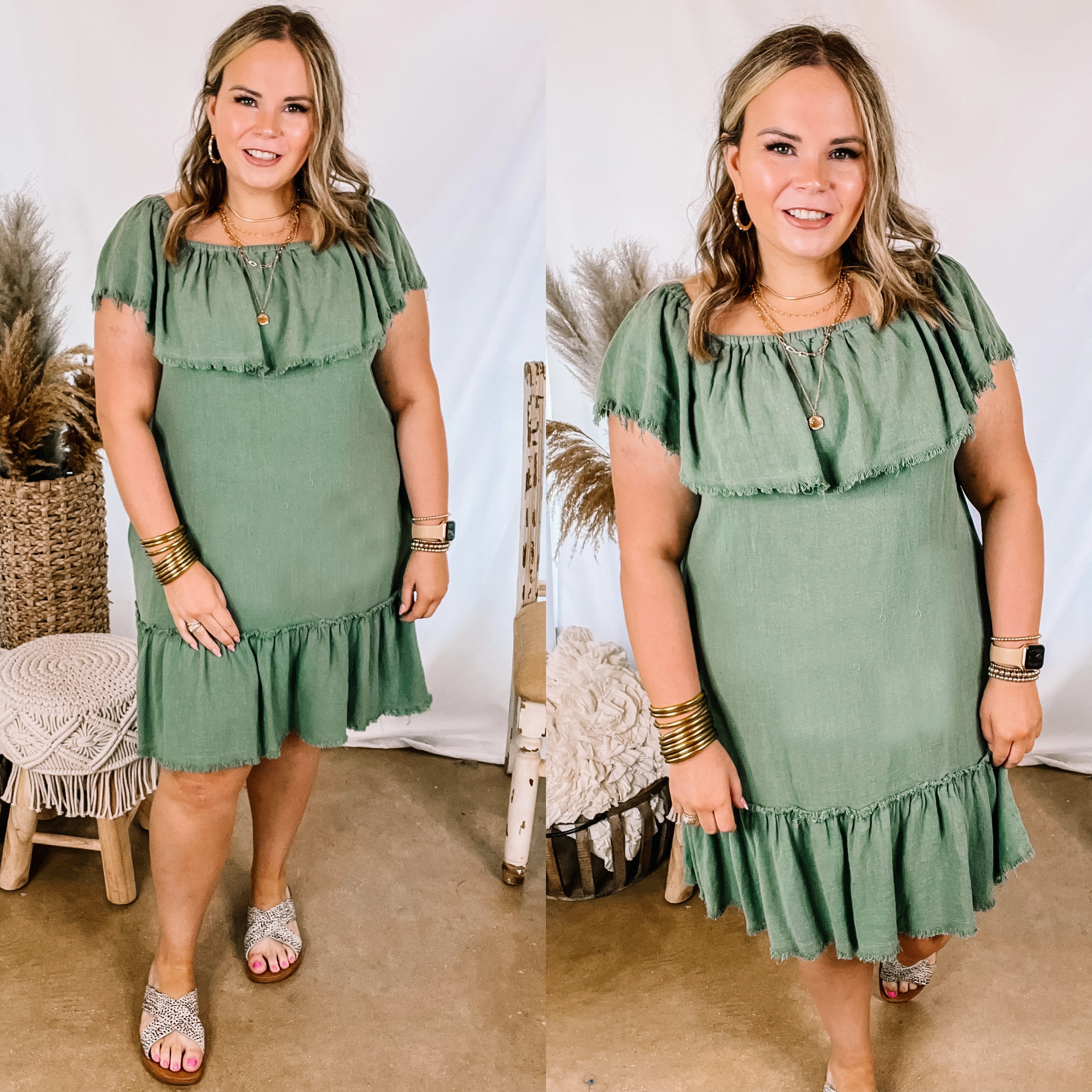 Finding Yourself  Frayed Hem Off the Shoulder Dress in Light Olive Green AdjustableStraps Picnic Fun