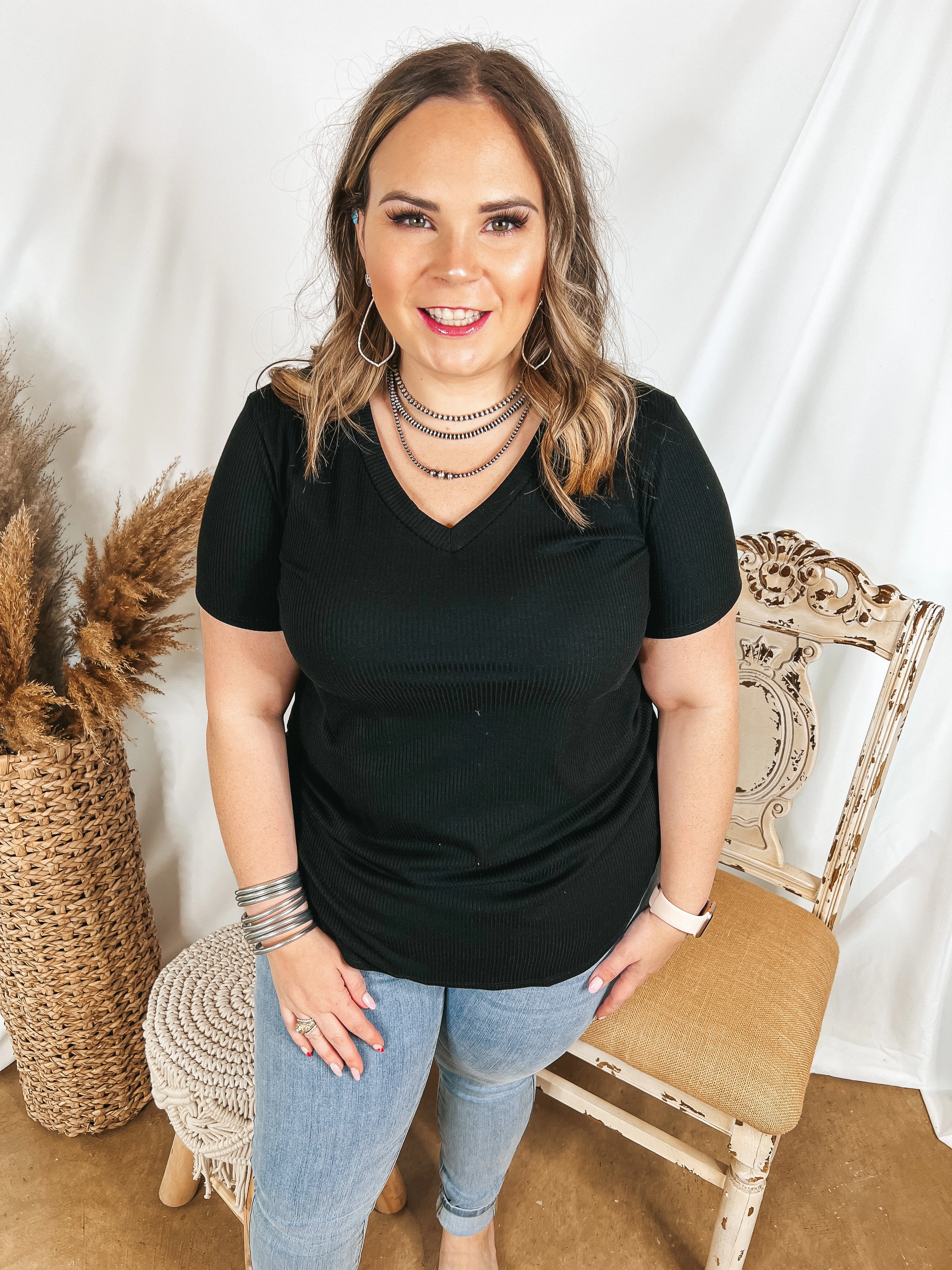 Comfortable Lounge Functional Jacket Simply Obsessed Ribbed Short Sleeve V Neck Top in Black