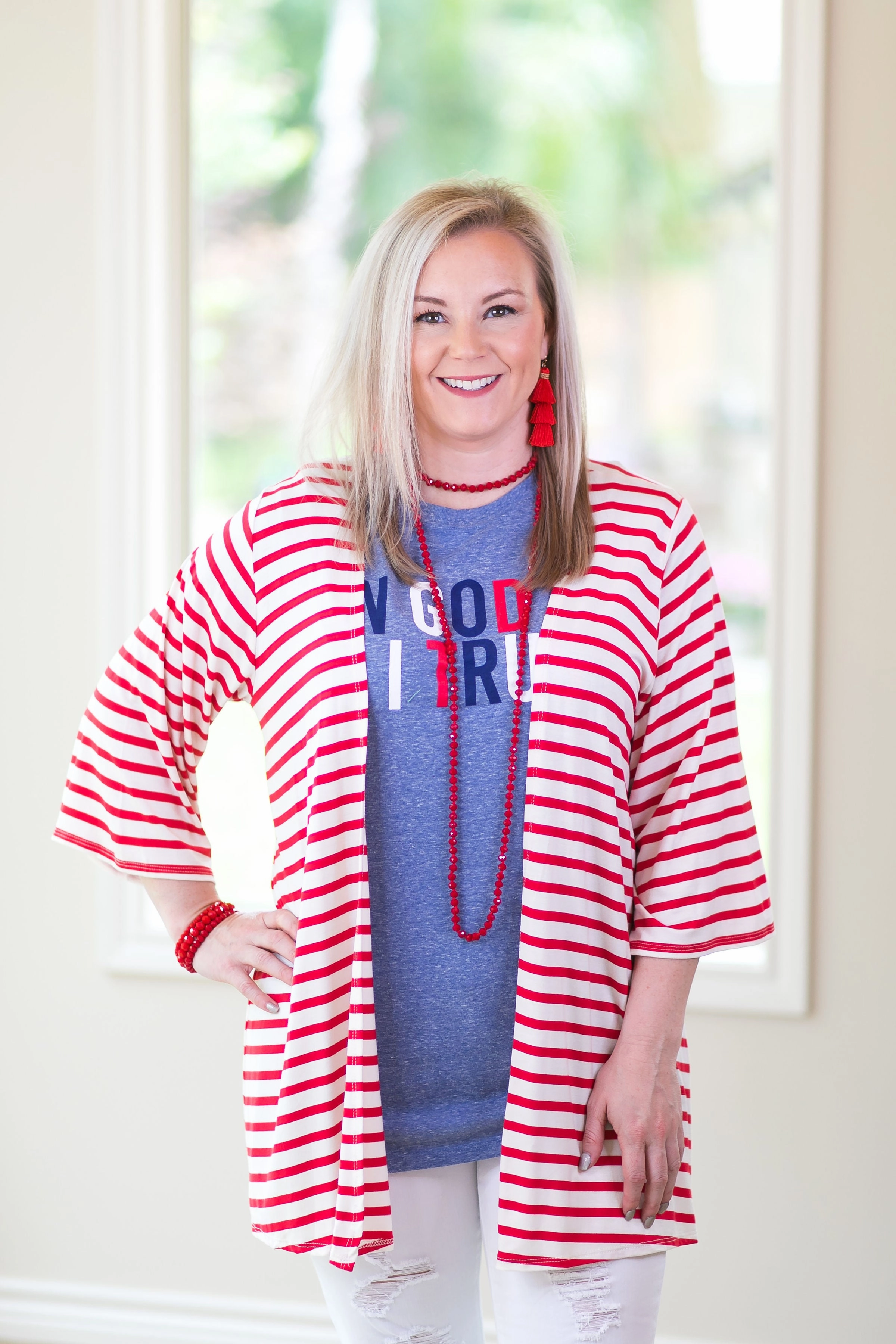 Last Chance Size Small | Living For It Stripe Cardigan with 3/4 Sleeves in Red StretchWaistband