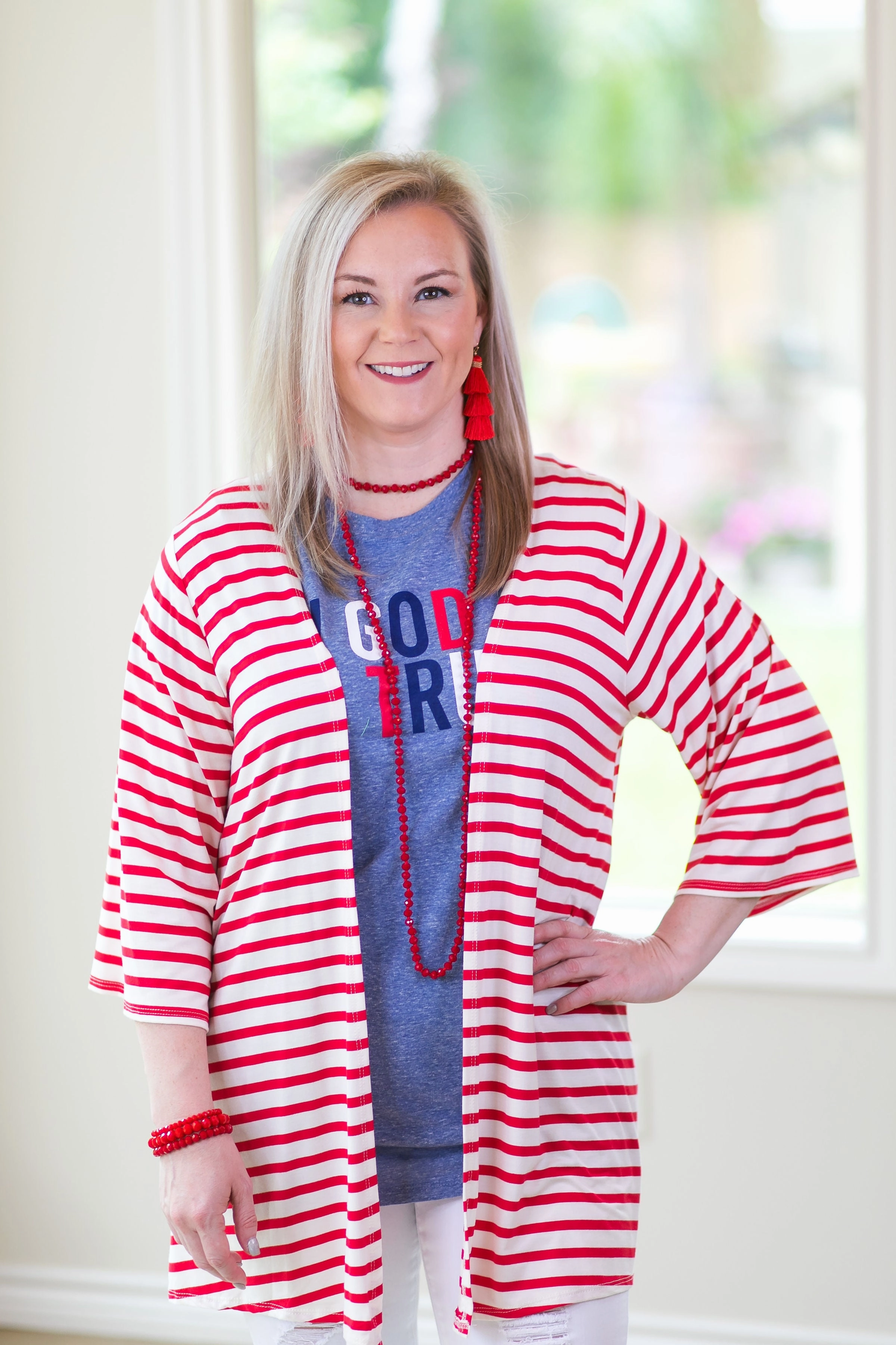 Game Day Hidden pockets Last Chance Size Small | Living For It Stripe Cardigan with 3/4 Sleeves in Red