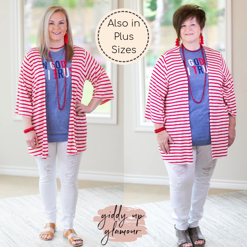 CrossBackStructure Last Chance Size Small | Living For It Stripe Cardigan with 3/4 Sleeves in Red