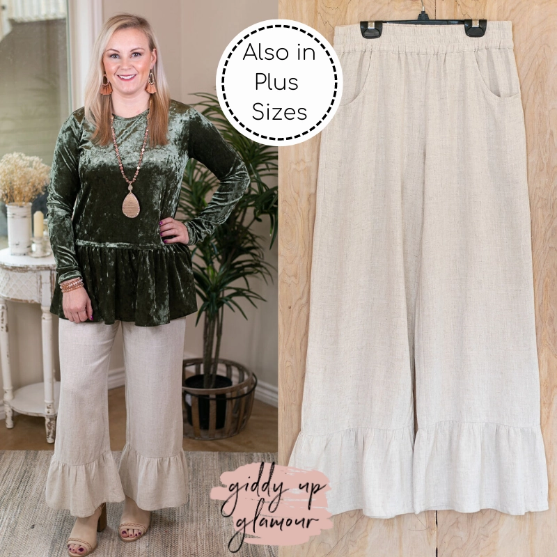 Last Chance Size Small | True Statement Wide Leg Linen Pants in Oatmeal Ivory ElasticWaistband