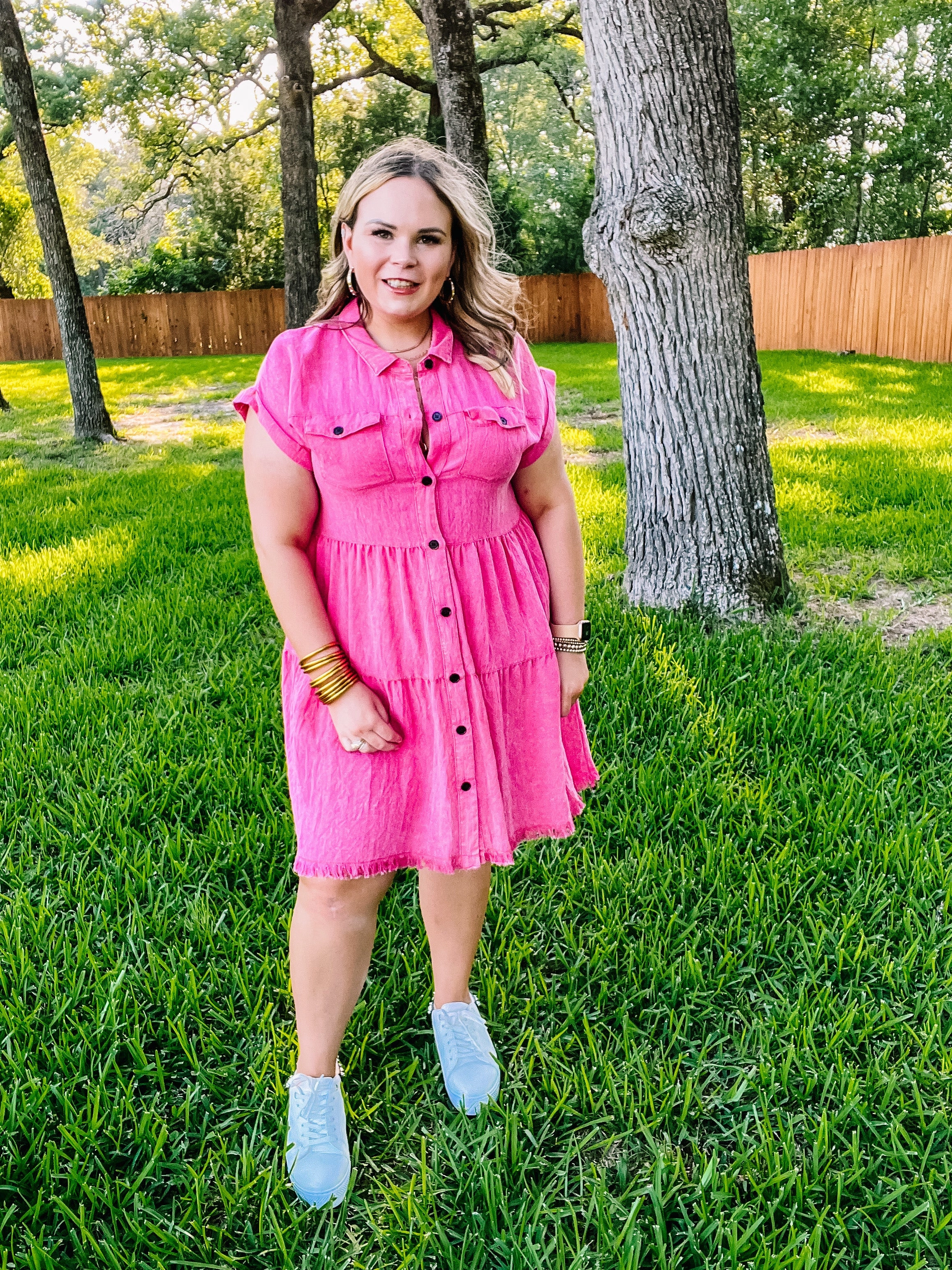 Last Chance Size Small | Oh Darling Ruffle Tiered Button Up Dress in Fuchsia Pink AntiStaticTechnology