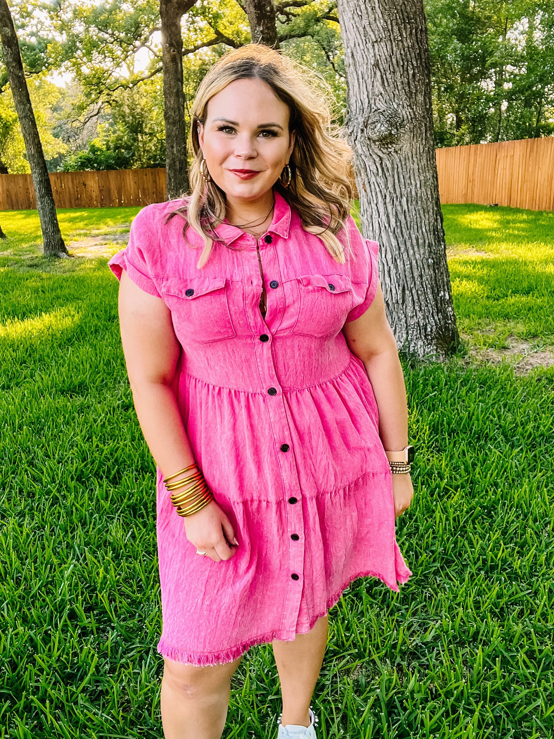 Cool Vest Last Chance Size Small | Oh Darling Ruffle Tiered Button Up Dress in Fuchsia Pink