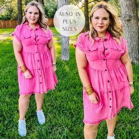 Quick Core Last Chance Size Small | Oh Darling Ruffle Tiered Button Up Dress in Fuchsia Pink