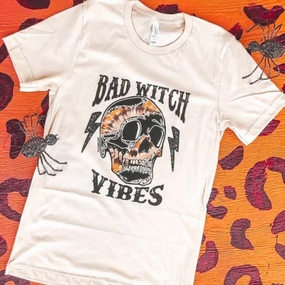High-Quality Fabric Online Exclusive | Bad Witch Vibes Skull Short Sleeve Graphic Tee in Cream