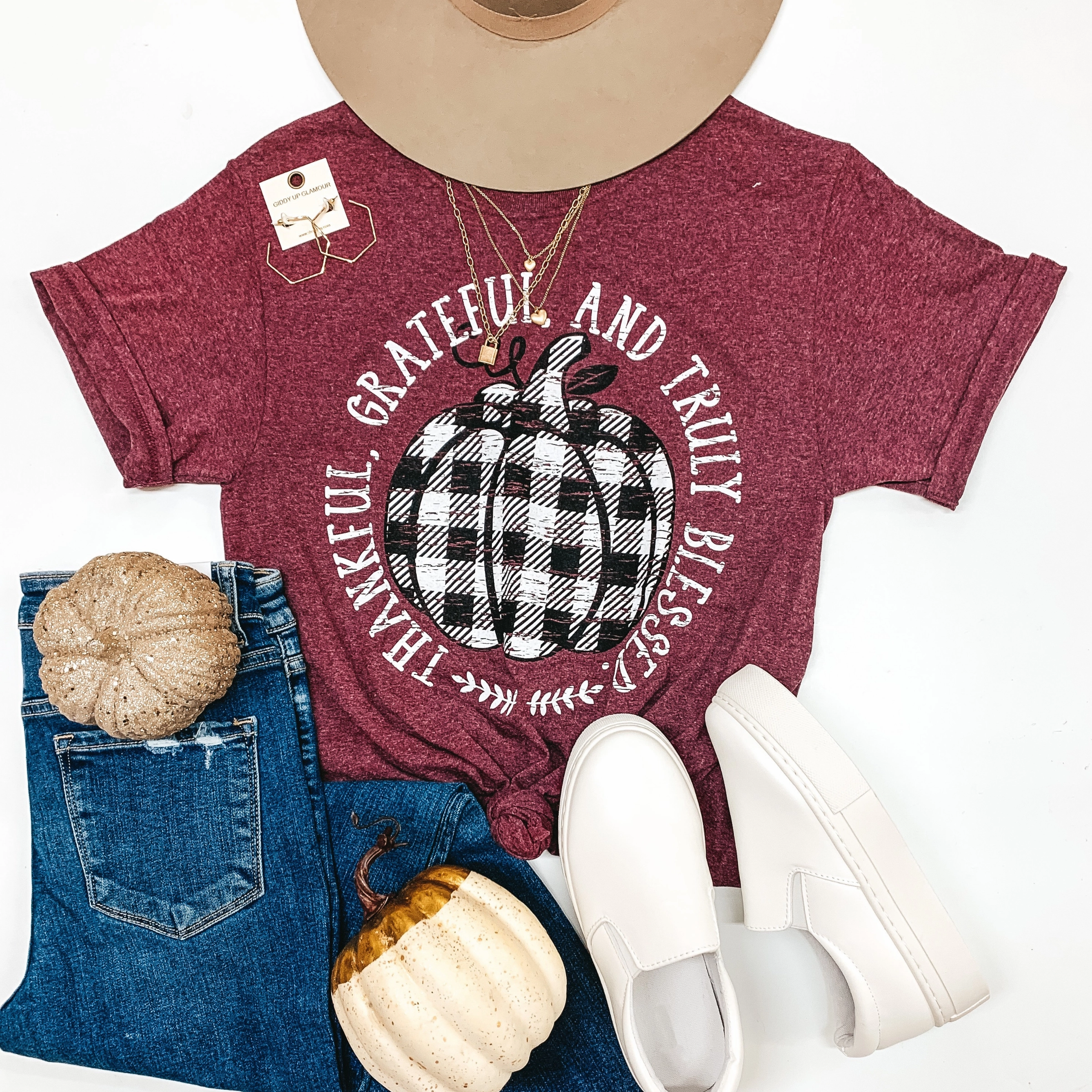 Thankful, Grateful, and Truly Blessed Short Sleeve Graphic Tee in Heather Maroon Street Light
