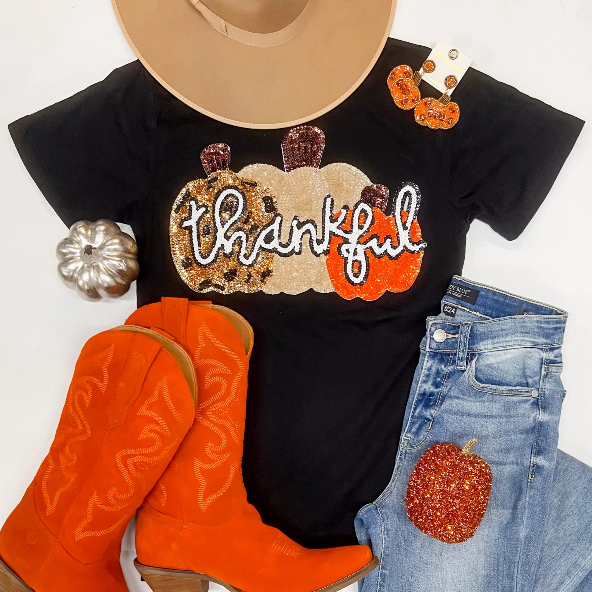 Thankful Pumpkin Sequin Patch Short Sleeve Graphic Tee in Black Office Glam Hero Tale