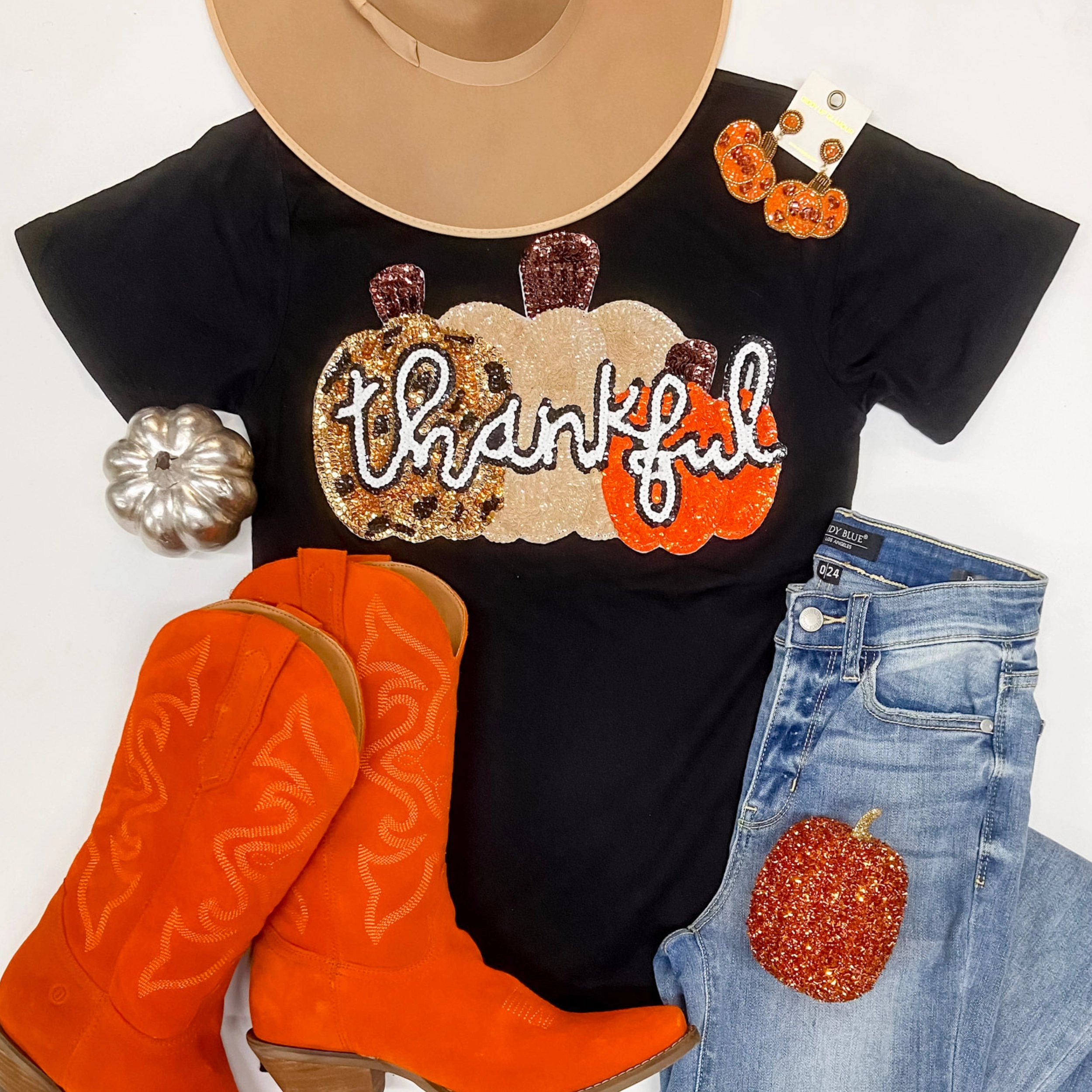 Thankful Pumpkin Sequin Patch Short Sleeve Graphic Tee in Black SoftTouchLining