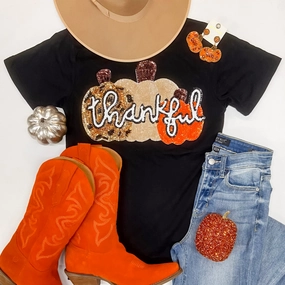 Thankful Pumpkin Sequin Patch Short Sleeve Graphic Tee in Black Office Glam Hero Tale