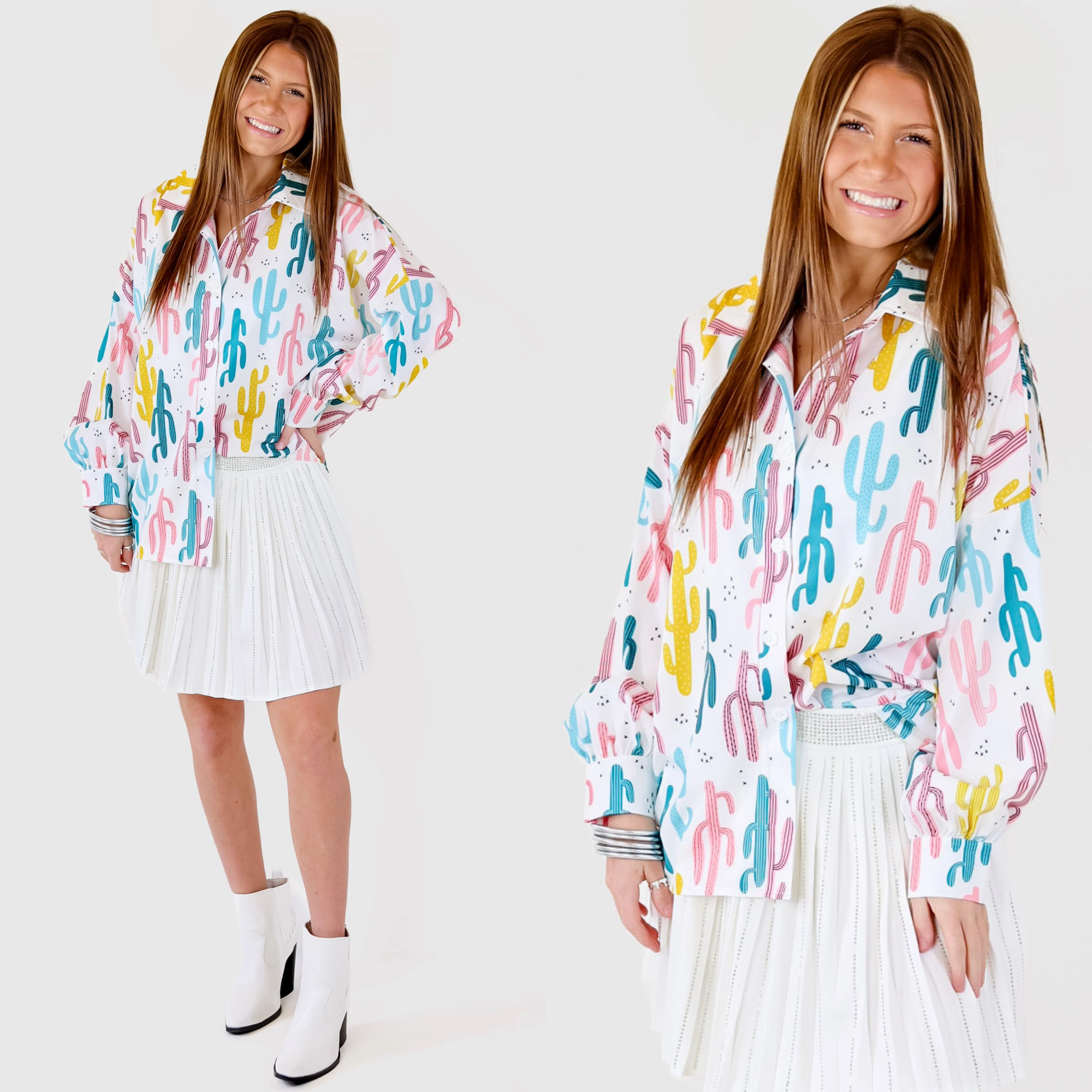 Comfortable Hoodie The Cowgirl Way Button Up Cactus Print Top in White