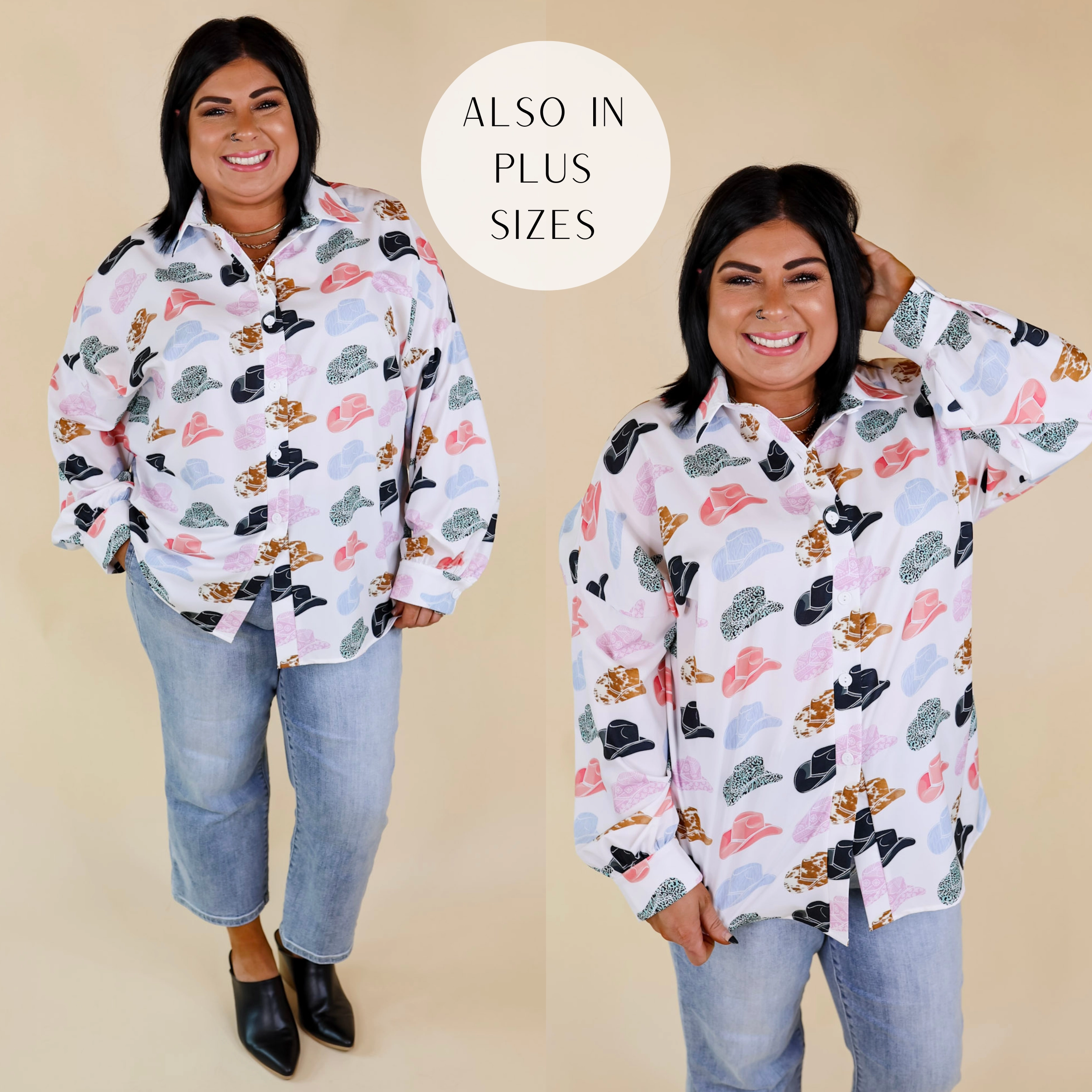 The Cowgirl Way Button Up Mix Print Cowboy Hat Top in White Stylish Jeans