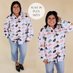 The Cowgirl Way Button Up Mix Print Cowboy Hat Top in White Stylish Jeans
