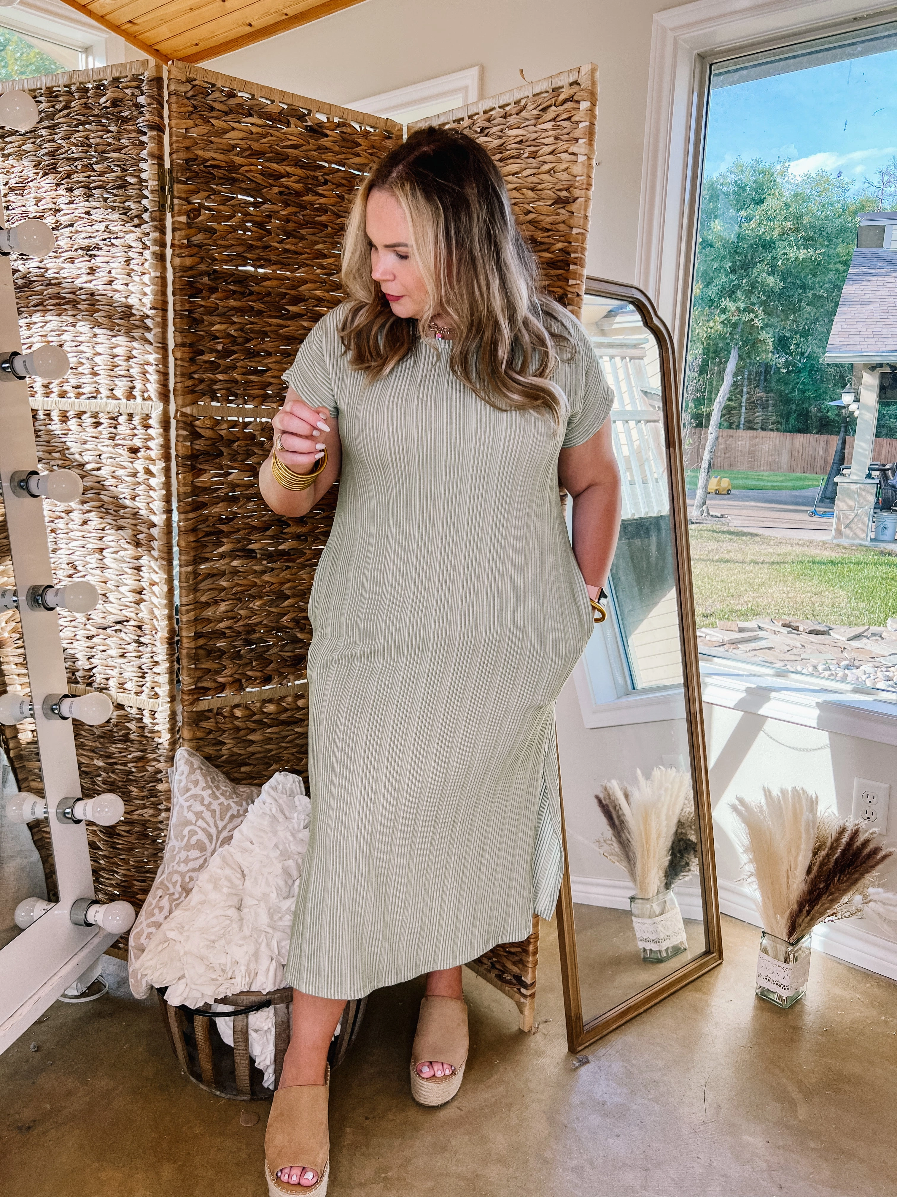 The More You Know Short Sleeve Ribbed Midi Dress in Green Meeting Ready