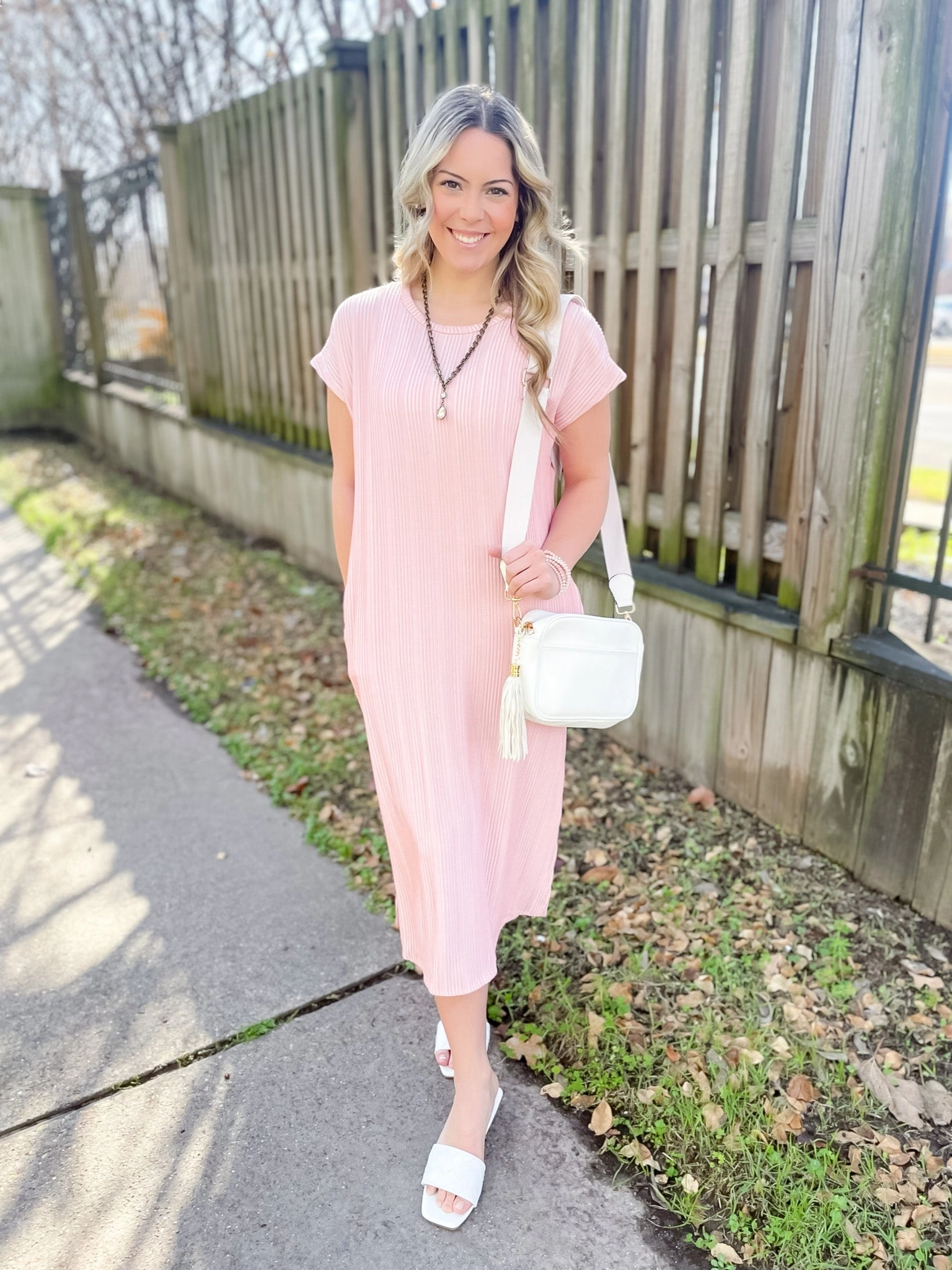 The More You Know Short Sleeve Ribbed Midi Dress in Pink Basic Core
