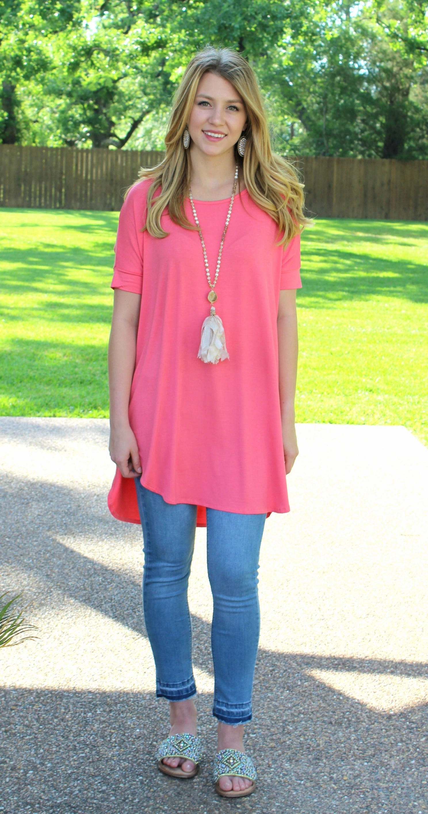 The Only Truth Short Sleeve Piko Tunic in Coral Wonder Fit Durable materials