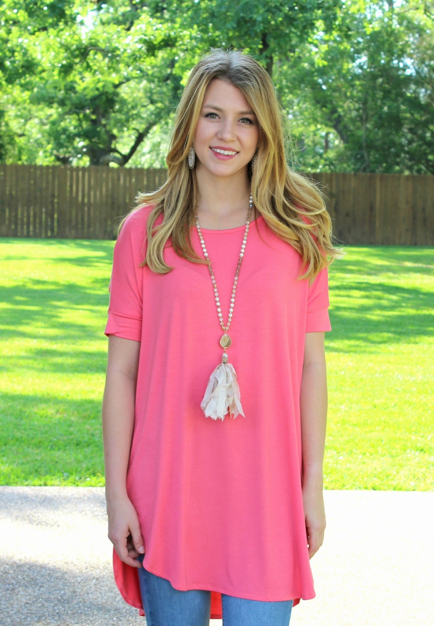 The Only Truth Short Sleeve Piko Tunic in Coral Next Core Royal Charm