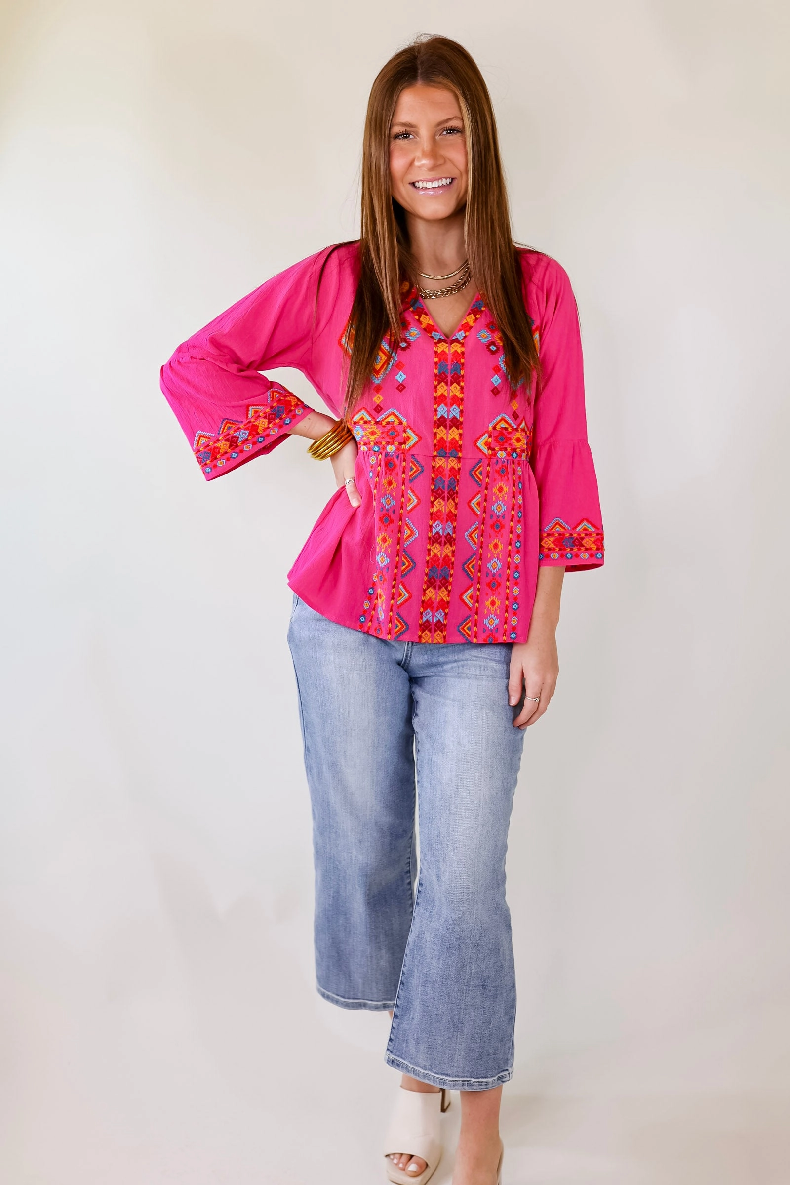 The Party Has Arrived 3/4 Sleeve V Neck Top With Embroidered Tribal Print in Pink DoubleNeedle Stitching