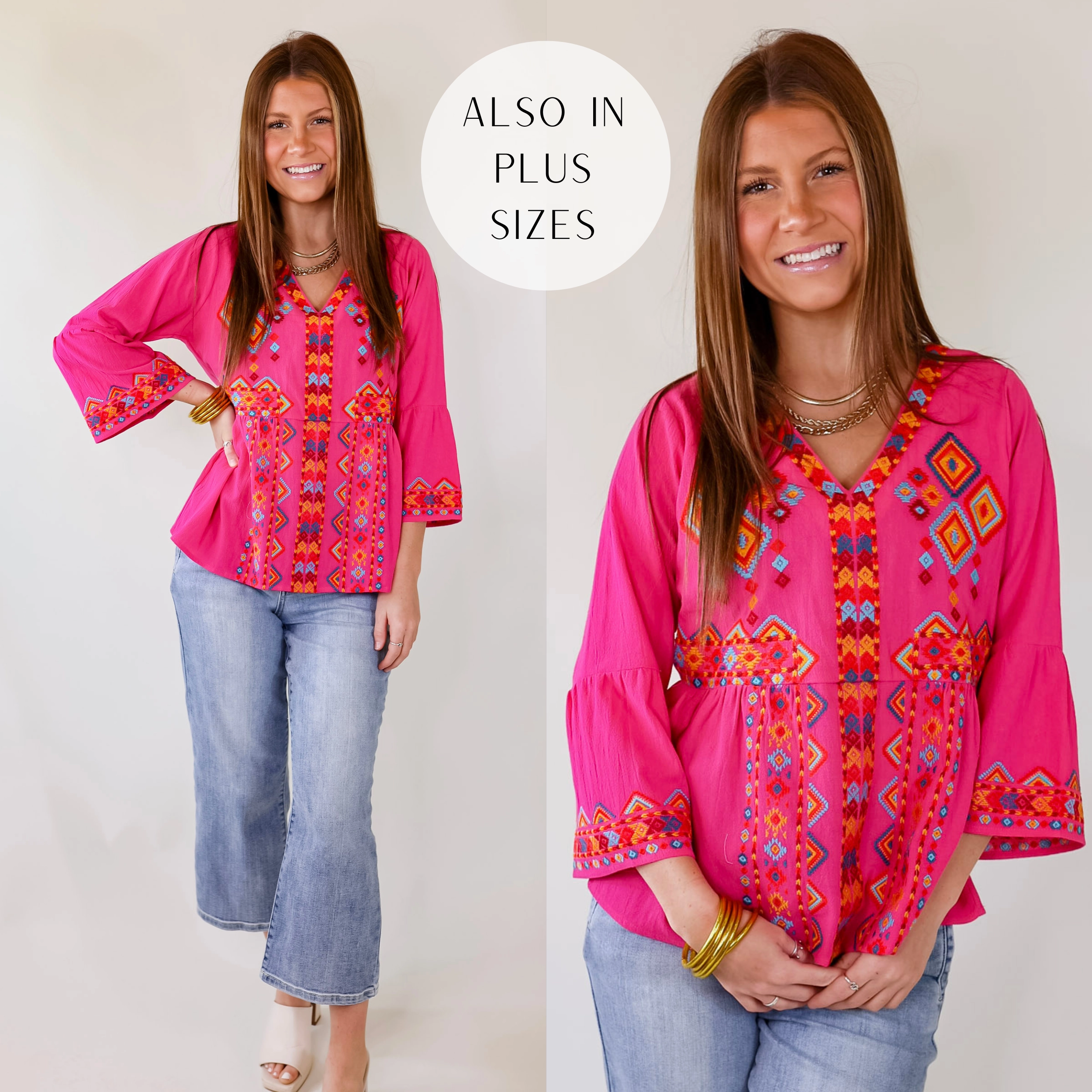 The Party Has Arrived 3/4 Sleeve V Neck Top With Embroidered Tribal Print in Pink Summer Dress