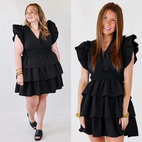 The Perfect Night Ruffle Cap Sleeve Dress in Black Mediterranean Air