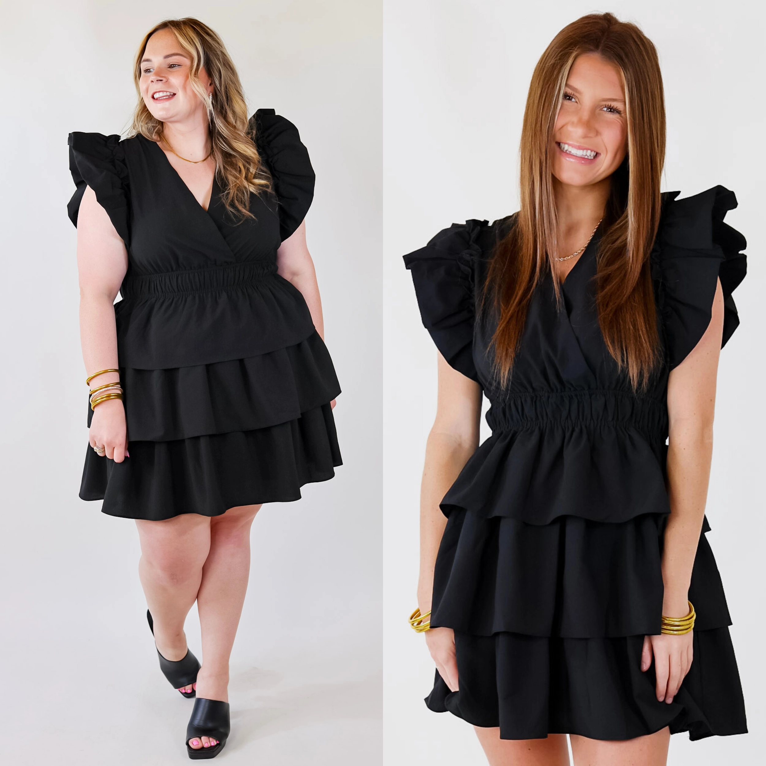 The Perfect Night Ruffle Cap Sleeve Dress in Black Fashionable Fit