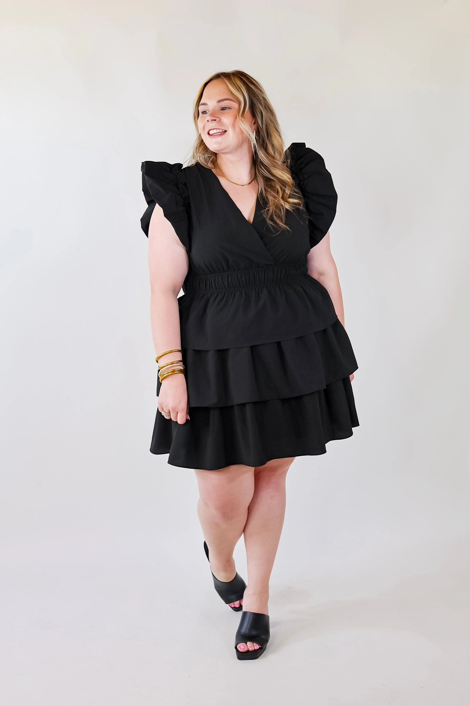 The Perfect Night Ruffle Cap Sleeve Dress in Black Insulated Jacket mesh ventilation