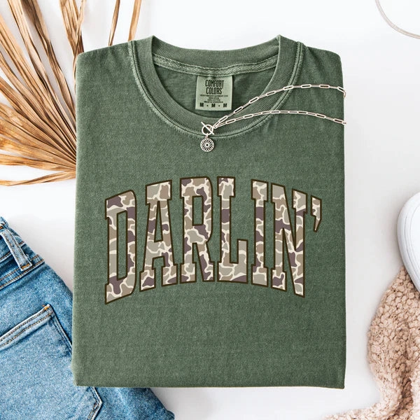 Sublimation Printed Collar Comfy Choice Online Exclusive | Camouflage Darlin' Graphic on Short Sleeve Comfort Color Tee in Moss Green