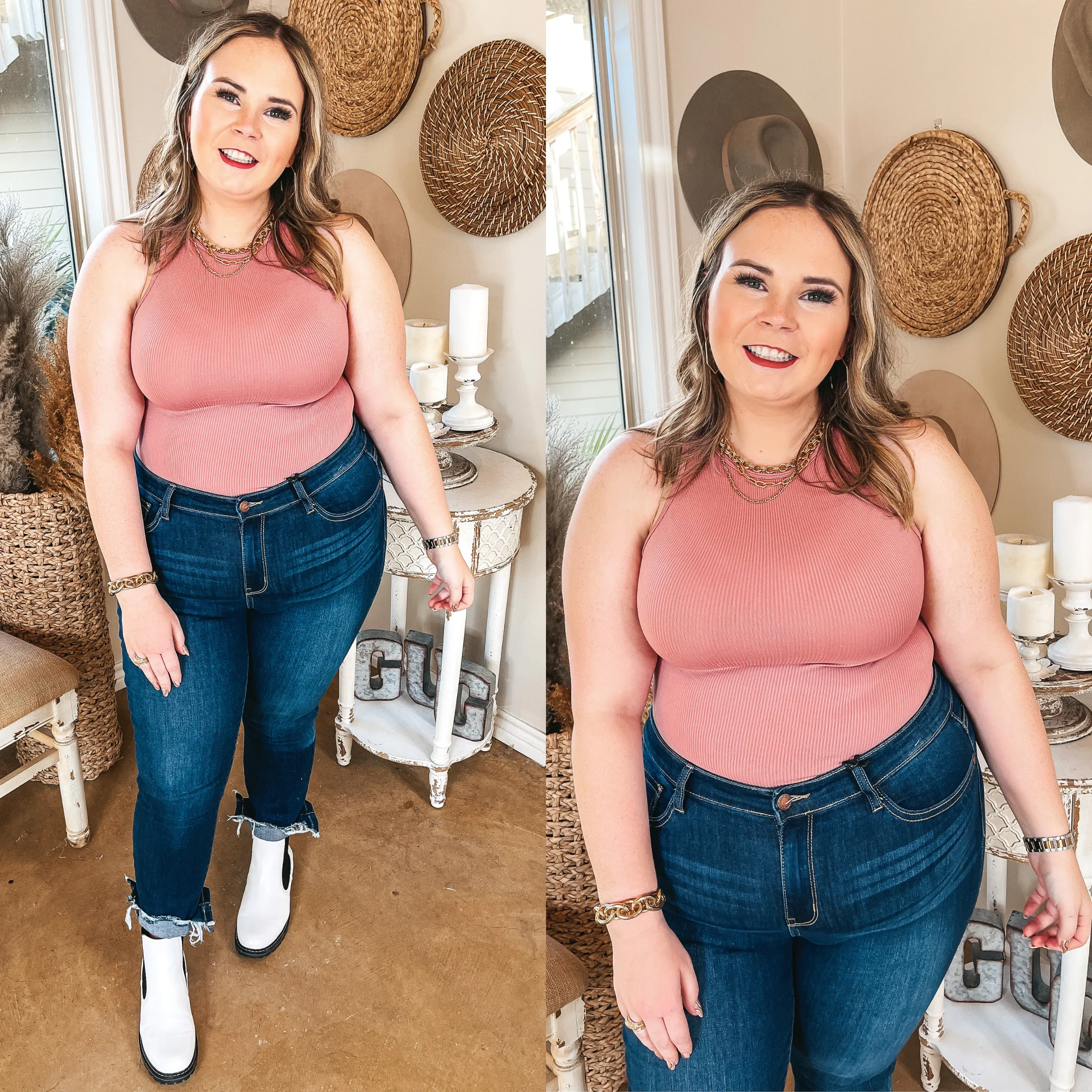 Gloss Glow On the Lookout High Neck Ribbed Tank Top Bodysuit in Rose Pink