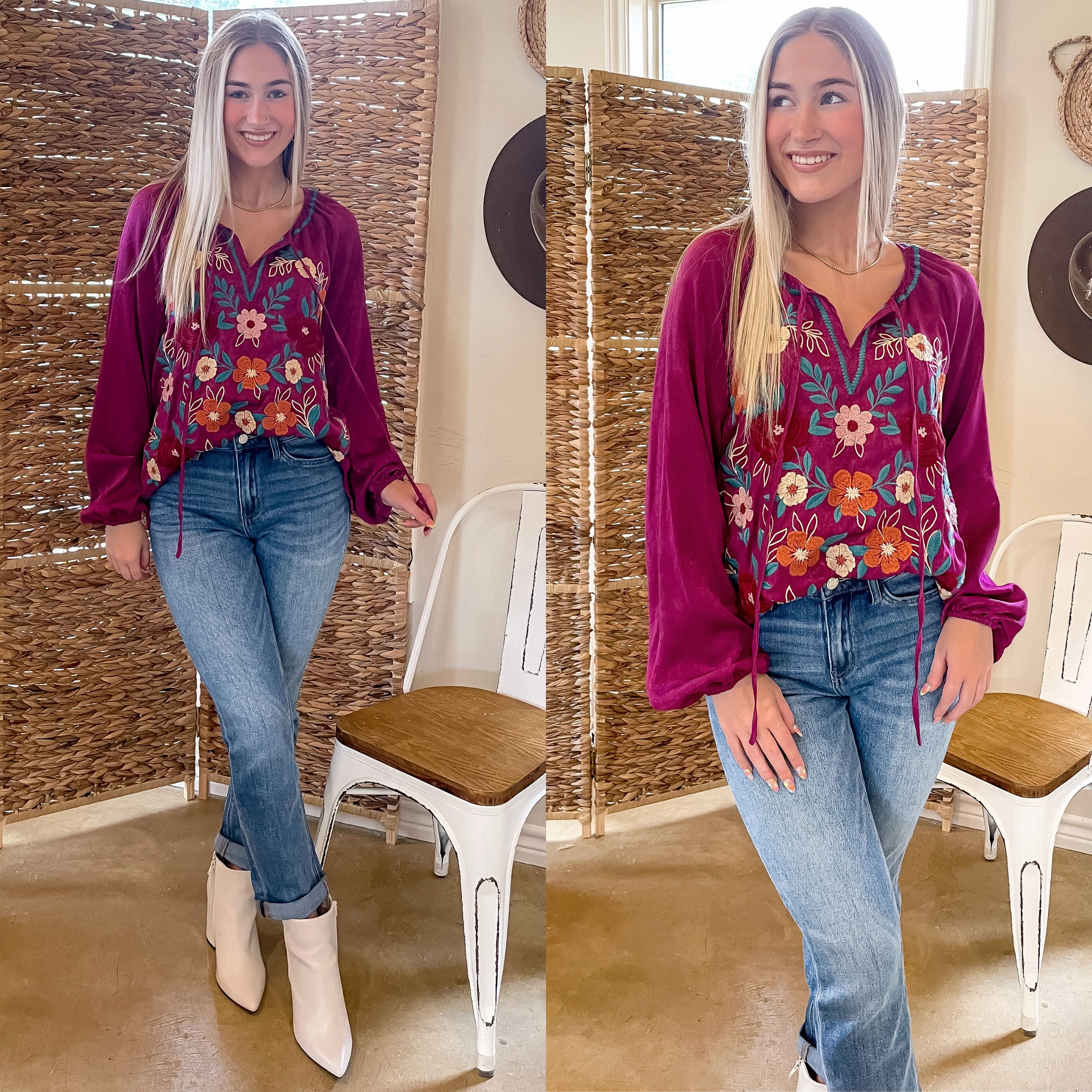 DoubleStitched Hem Stretch Woven Material Last Chance Size Small | Savanna Jane | These Are The Days Long Sleeve Floral Embroidered Top in Magenta