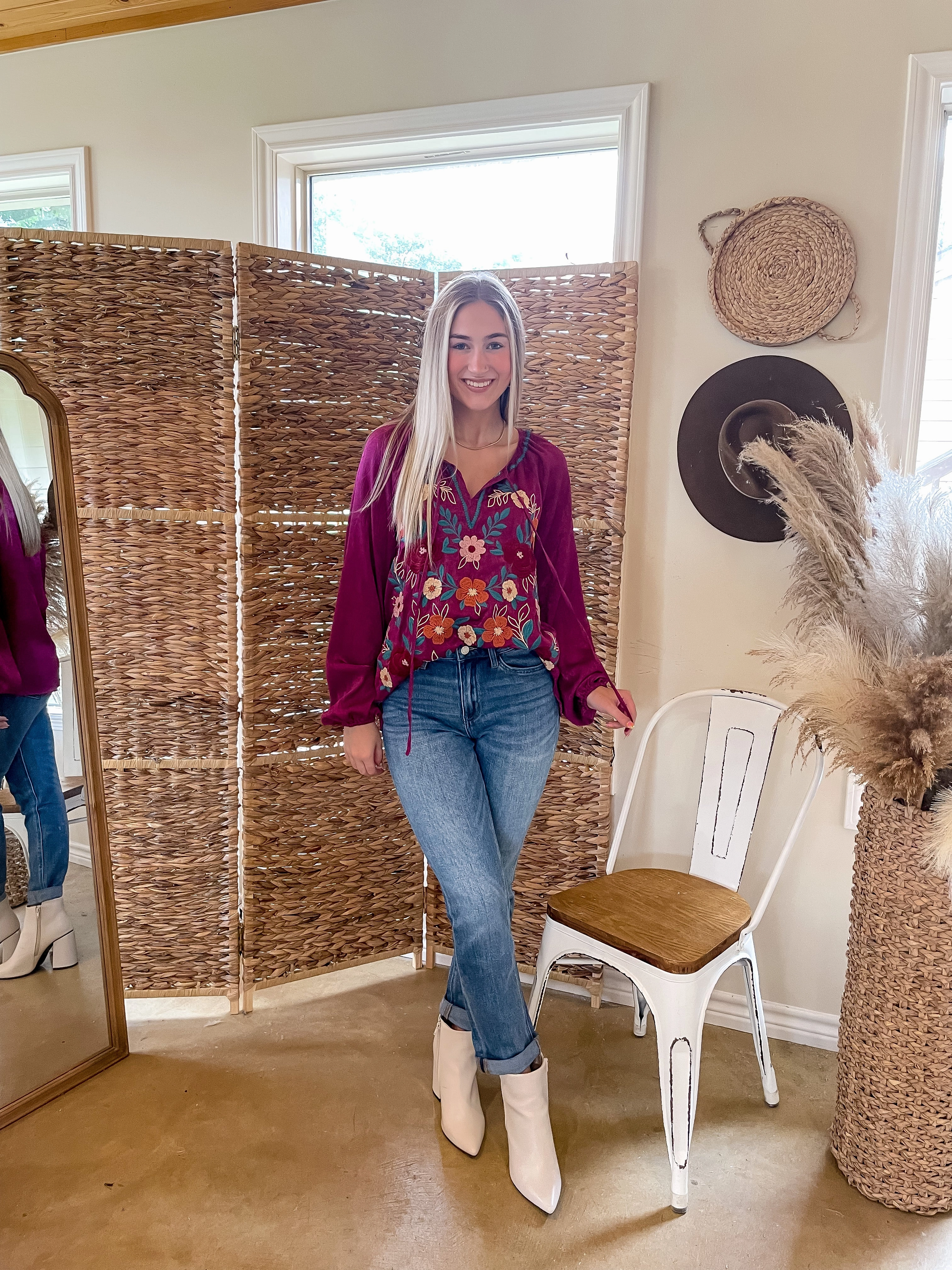 RubberizedGrip Last Chance Size Small | Savanna Jane | These Are The Days Long Sleeve Floral Embroidered Top in Magenta